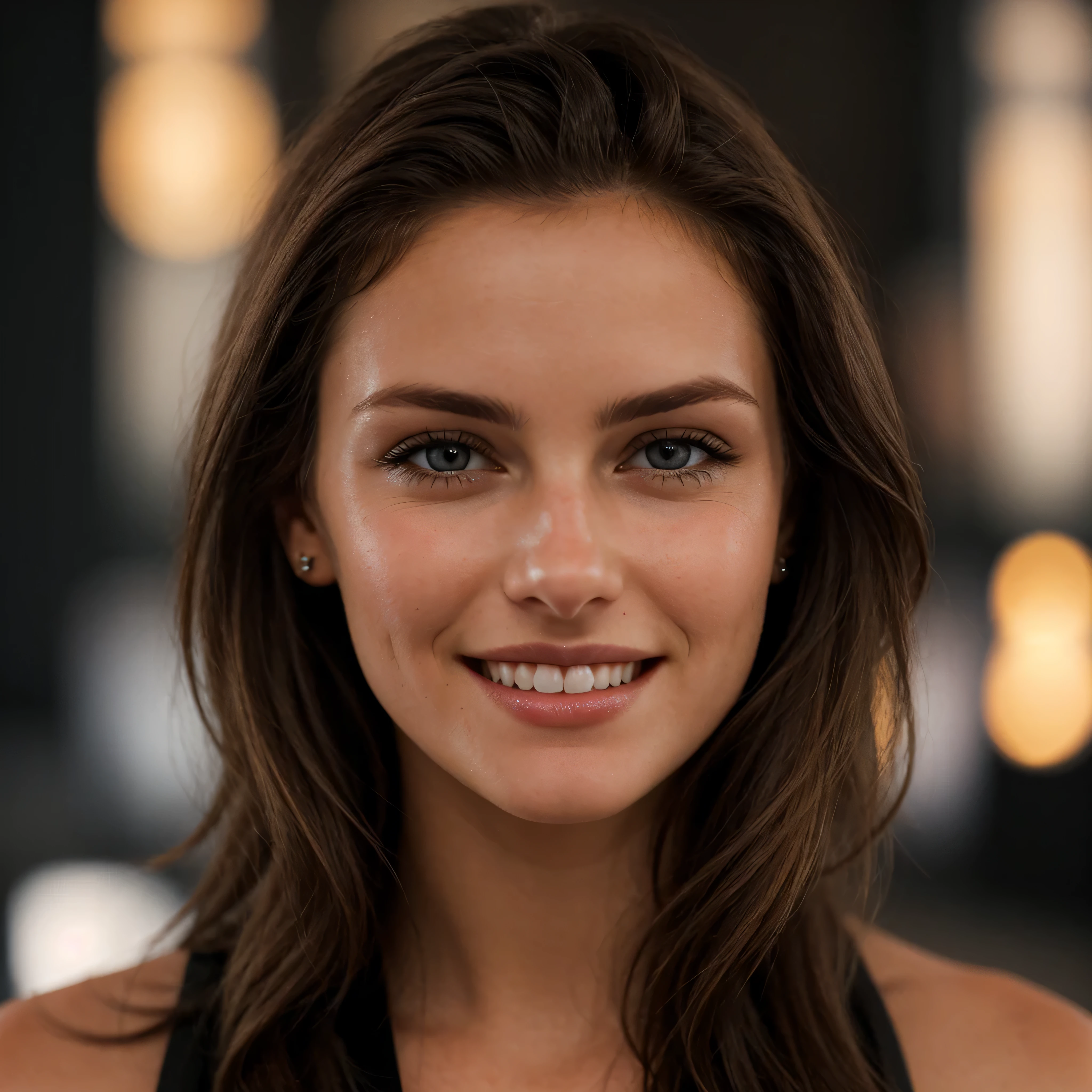 a closeup dark upper body shot photo of a blonde with perfect eyes, smile, dark background