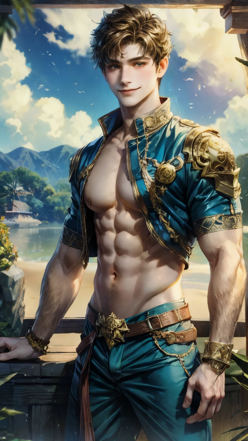 (absurdres, highres, ultra detailed, HDR), masterpiece, intricate details, best quality close-up picture of a character from Ragnarok Online with a perfect face, smile face, an adventurer with handsome looks, cool hero, short hair, anime eyes, matured , fantastic outfit showing chest, crop top, detailed Philippine market interiors with window beach scenery, detailed character, art kenouji