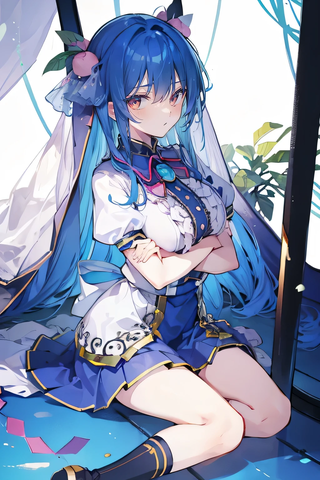 (masterpiece),best quality, expressive eyes, perfect face,sit, sit on ground, legs on the ground, 1girl,
big breasts, H cup, Good breasts, arms crossed, Fair, Gorgeous,japanese manga,girl,Laura,young angel, blue hair, blue haired,tent , tent chest, tent breast, floating clothes