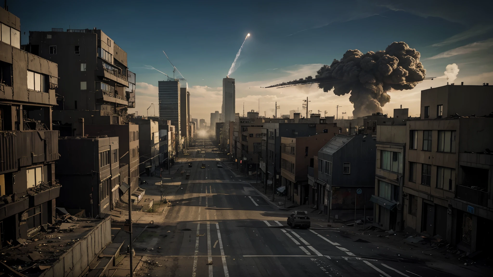 the city after the apocalypse and against the background there is a military man with a gas mask and apocalypse is written in the sky