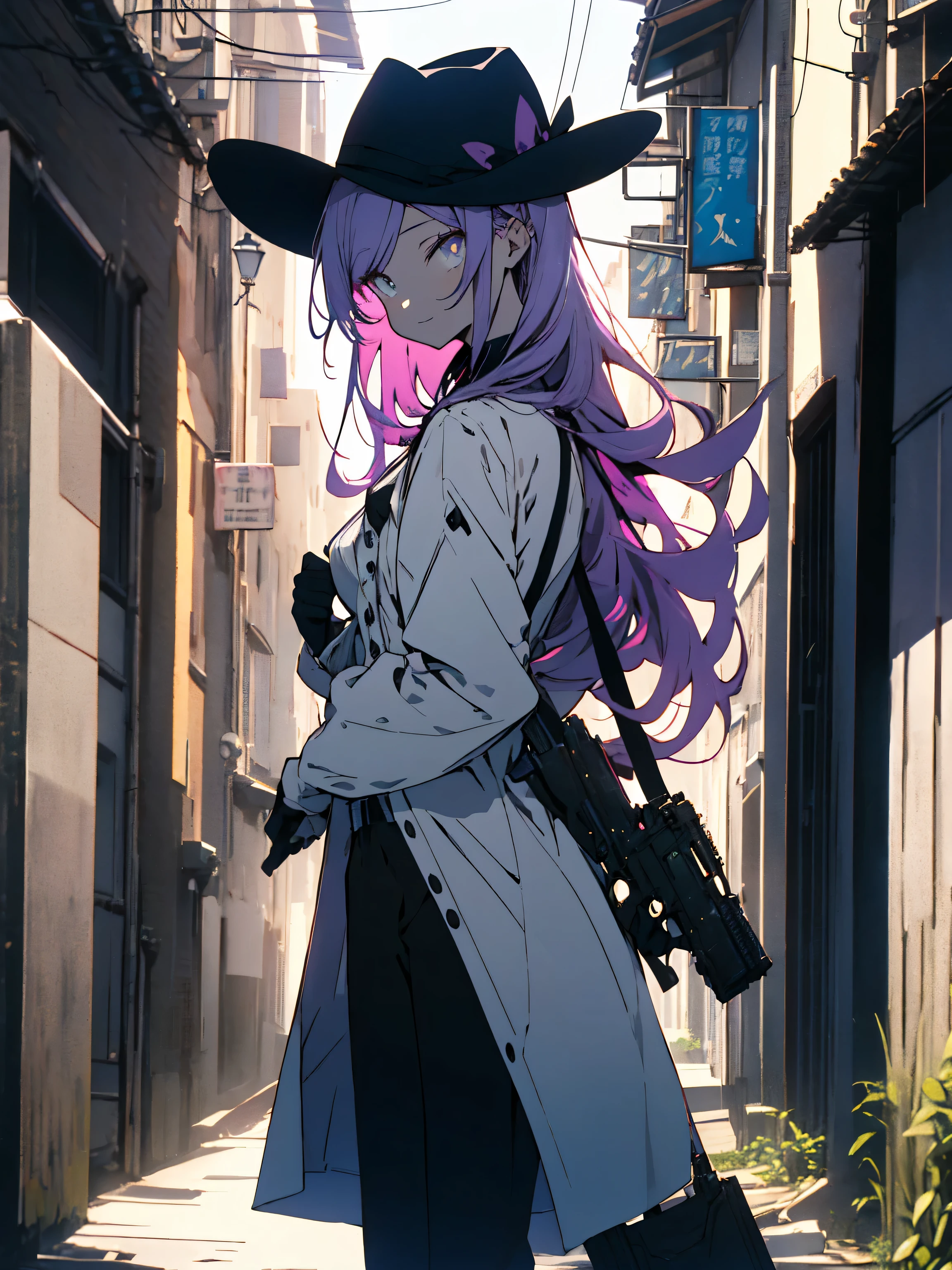 (highest quality、masterpiece、High resolution、detailed)、(Shining eyes、detailed beautiful face)、1 girl 20 years old, Dubious smile, White skin beauty, purple hair、good style、black pants suit、white dress shirt、black wide brimmed hat、black gloves、black pumps、has a gun in one hand、holding a cigarette、(mafia image)、back alleys of europe、(beautiful anime)