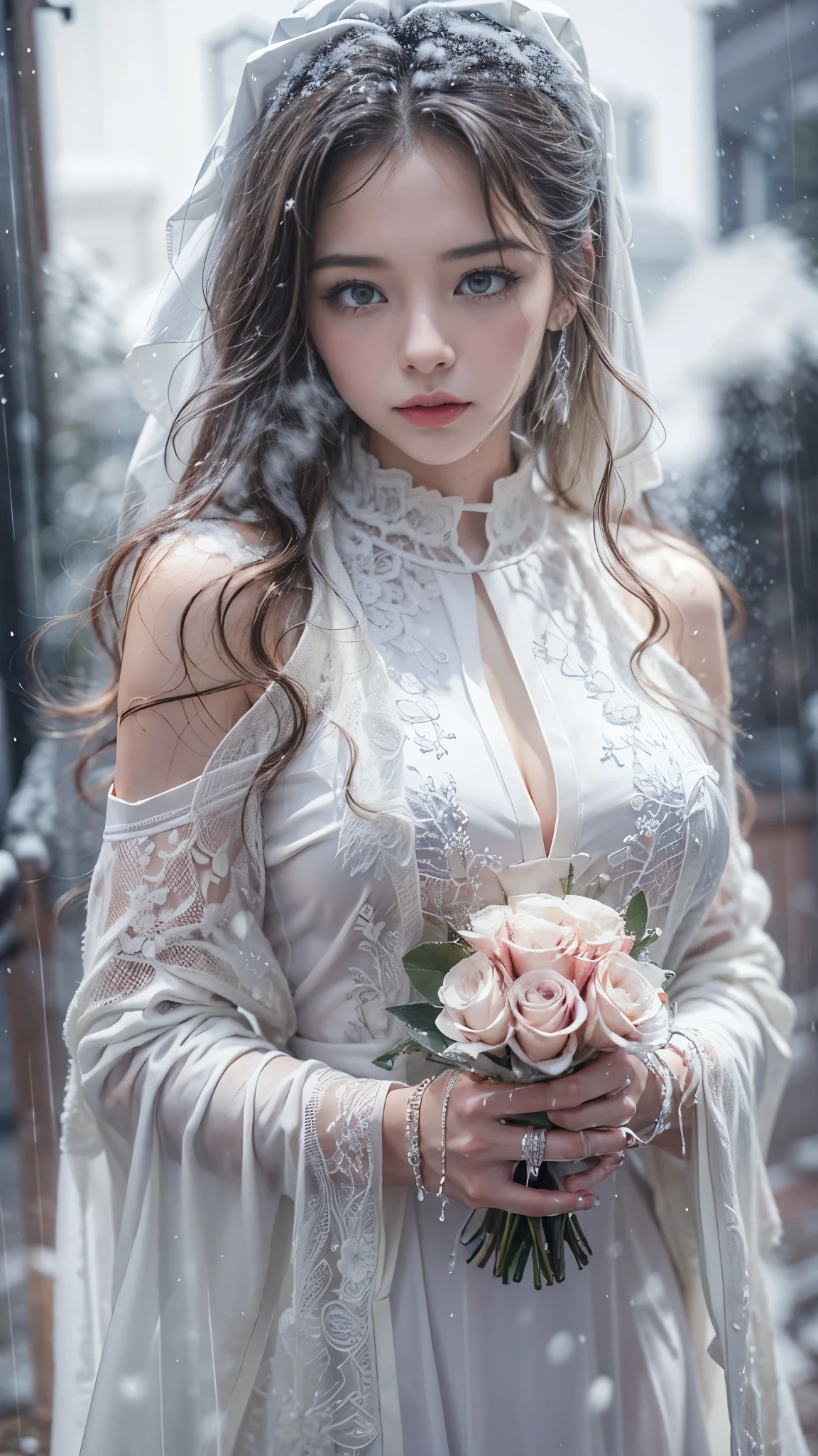 (RAW shooting, Photoreal:1.5, 8K, highest quality, masterpiece, ultra high resolution), ((((heavy snow, Blizzard)))), Highly detailed skin and facial textures:1.3, perfect dynamic composition:1.2, (In front of a church at night in a modern city, expression of sadness:1.0, Tears are flowing:1.0, cry with a broken heart:1.0), Slim office lady wet in the rain:1.3, cowboy shot, Fair skin:1.2, sexy beauty:1.1, perfect style:1.2, beautiful and aesthetic:1.1, very beautiful face:1.2, water droplets on the skin, (rain drips all over my body:1.2, wet body:1.2, wet hair:1.3), (professional dressing:1.1, Holding a bouquet of wet roses:1.2, The correct way to wear a wet pure white wedding dress:1.3), (Medium chest, bra is see-through, Chest gap),  (Eyes that feel beautiful eros:0.8, Too erotic:0.8, Bewitching:0.8), necklace, earrings, bracelet, wedding ring, Highly detailed hand and finger expressions