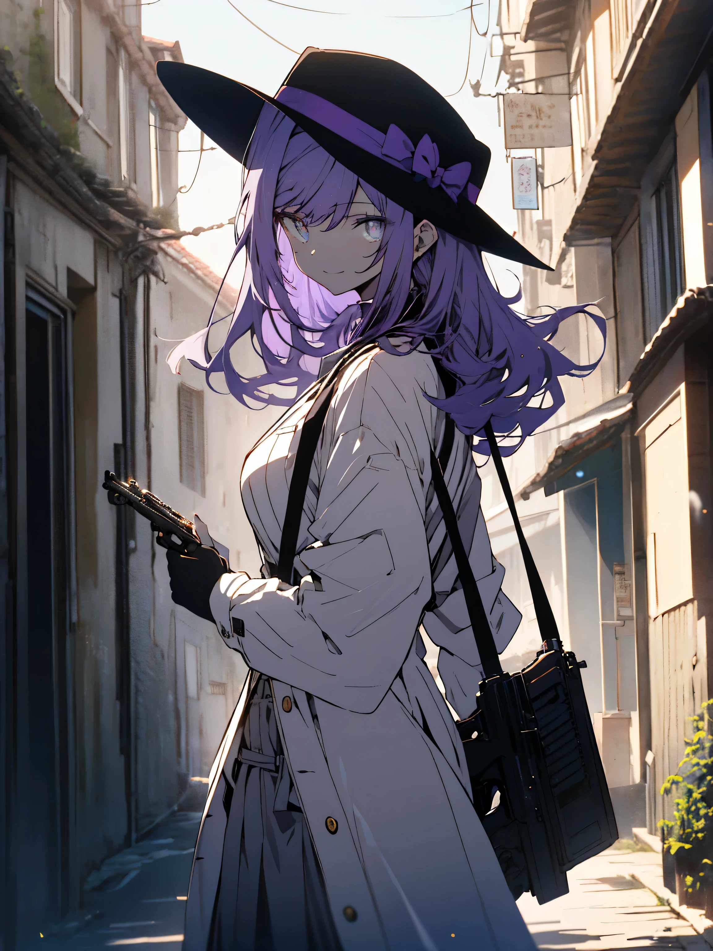 (highest quality、masterpiece、High resolution、detailed)､(Shining eyes、detailed beautiful face)、1 girl 20 years old, Dubious smile, White skin beauty, purple hair、good style、black pants suit、white dress shirt、black wide brimmed hat、black gloves、black pumps、has a gun in one hand、holding a cigarette、(mafia image)、back alleys of europe、(beautiful anime)
