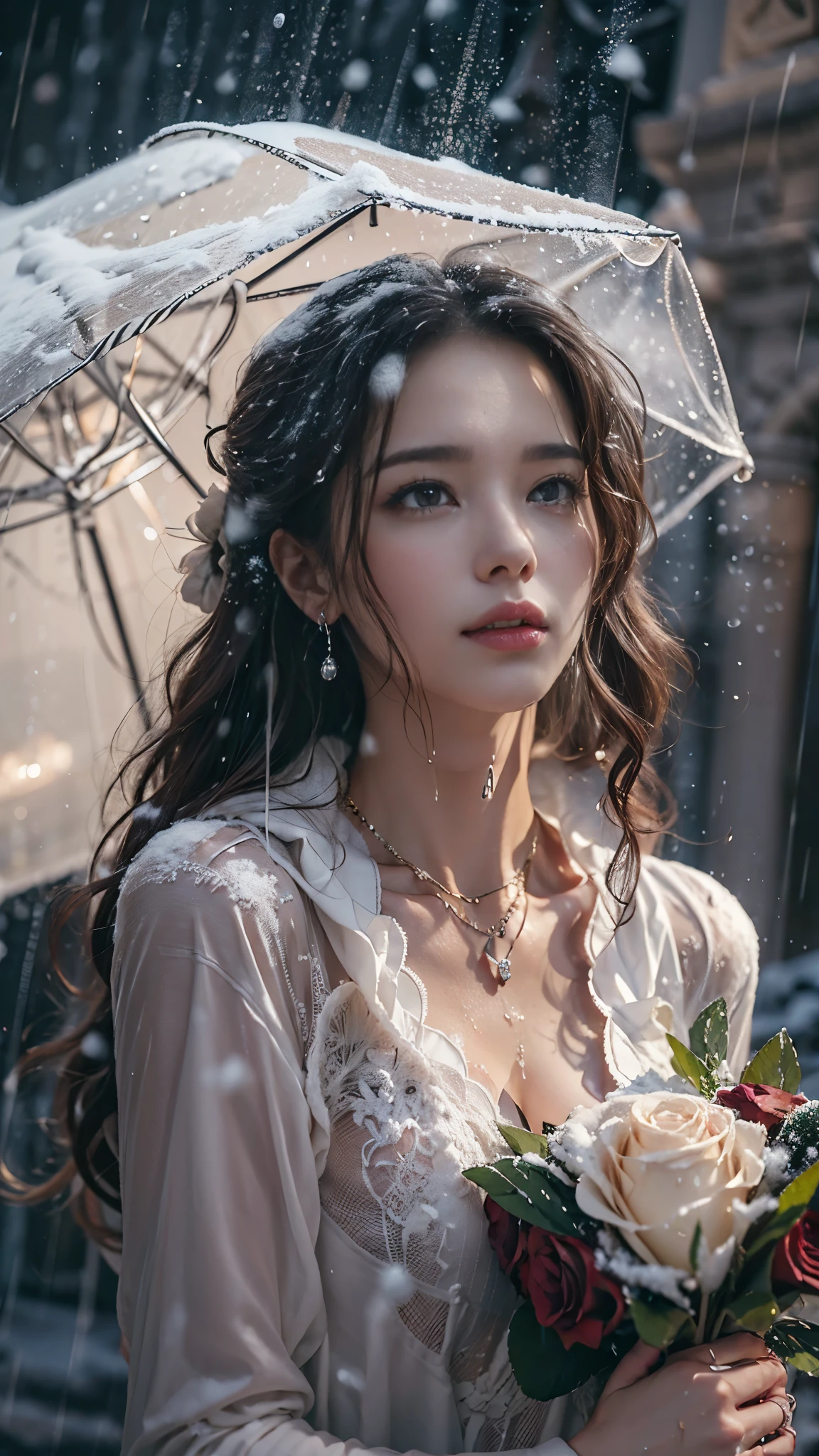 (RAW shooting, Photoreal:1.5, 8K, highest quality, masterpiece, ultra high resolution), ((((heavy snow, Blizzard)))), Highly detailed skin and facial textures:1.3, perfect dynamic composition:1.2, (In front of a church at night in a modern city, expression of sadness:1.0, Tears are flowing:1.0, cry with a broken heart:1.0), Slim office lady wet in the rain:1.3, cowboy shot, Fair skin:1.2, sexy beauty:1.1, perfect style:1.2, beautiful and aesthetic:1.1, very beautiful face:1.2, water droplets on the skin, (rain drips all over my body:1.2, wet body:1.2, wet hair:1.3), (professional dressing:1.1, Holding a bouquet of wet roses:1.2, How to Wear a Wet Pure White Wedding Dress Correctly:1.3), (Medium chest, Bra is sheer, Chest gap), (Eyes that feel beautiful eros:0.8, Too erotic:0.8, Bewitching:0.8), necklace, earrings, bracelet, wedding ring, Highly detailed hand and finger expressions