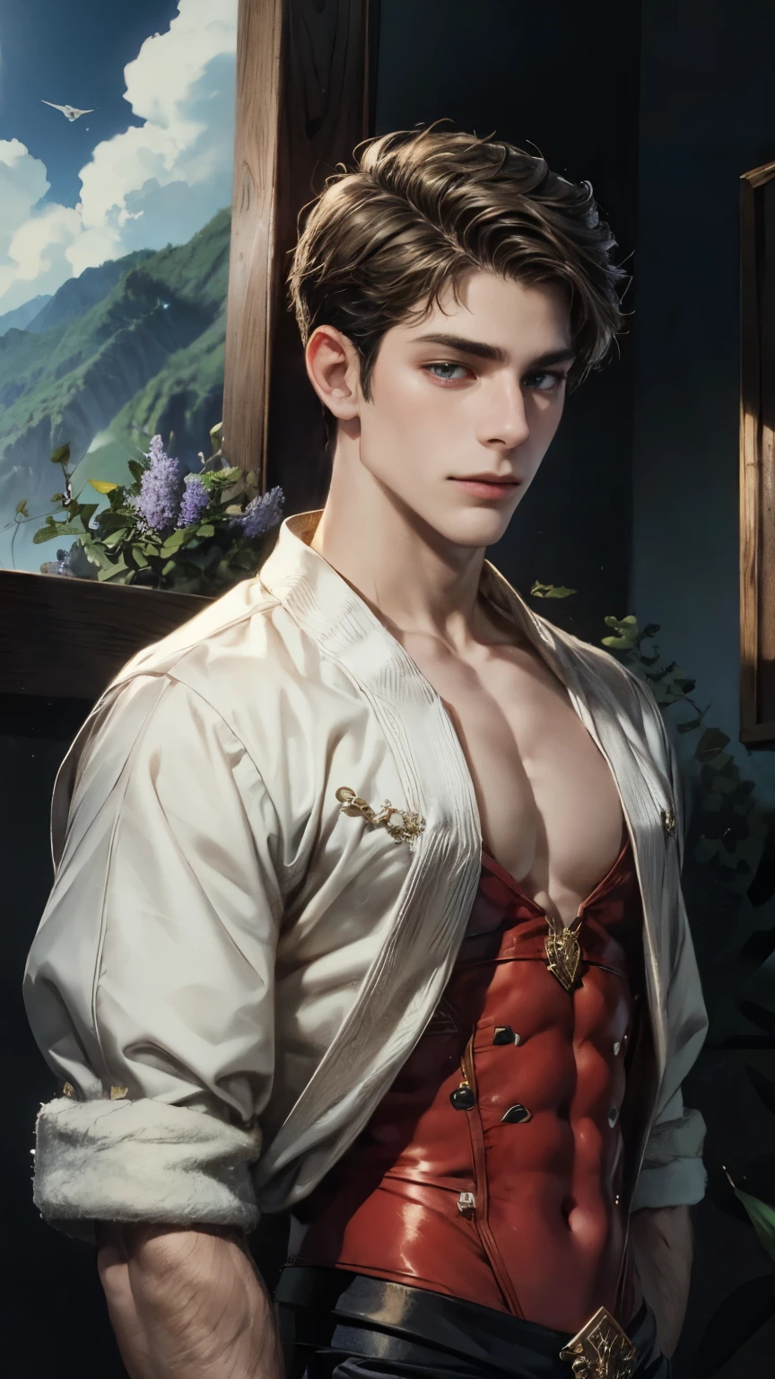 A handsome boy with clear, smooth skin, green eyes, and silky, soft, voluminous light brown hair in a "wolfcut" hairstyle, an inverted triangle-shaped figure, slim physique, matte pink lips, (best quality, 4k, 8k, highres, masterpiece:1.2), ultra-detailed, (realistic, photorealistic, photo-realistic:1.37), high-end portrait, natural lighting, warm color tones, cinematic