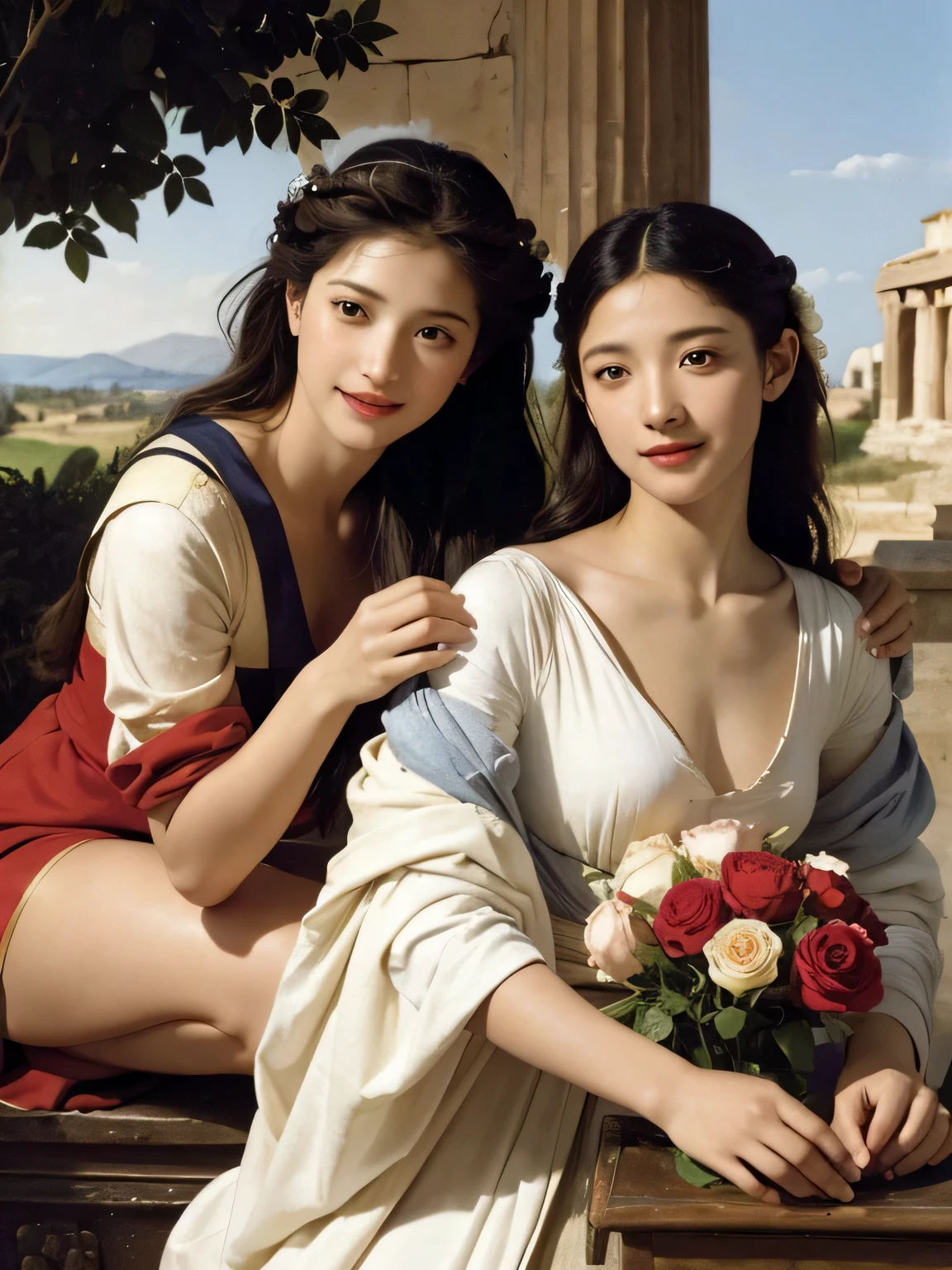 full body portrait or statue、Giorgione painting style,Arguments of two female Philosophe,math、astronomical machine、astronaut、roses in vase、fruits、Cute trinkets、smile、ancient greek costume、Ancient Roman landscape in the style of Nicolas Poussin,laughter,,Sweet and seductive appearance.、Caravaggio's paintings、Chiaroscuro of Caravaggio、hair tousled by the wind,Two women frolicking,cute smile, expression of ecstasy,Sexy,erotic