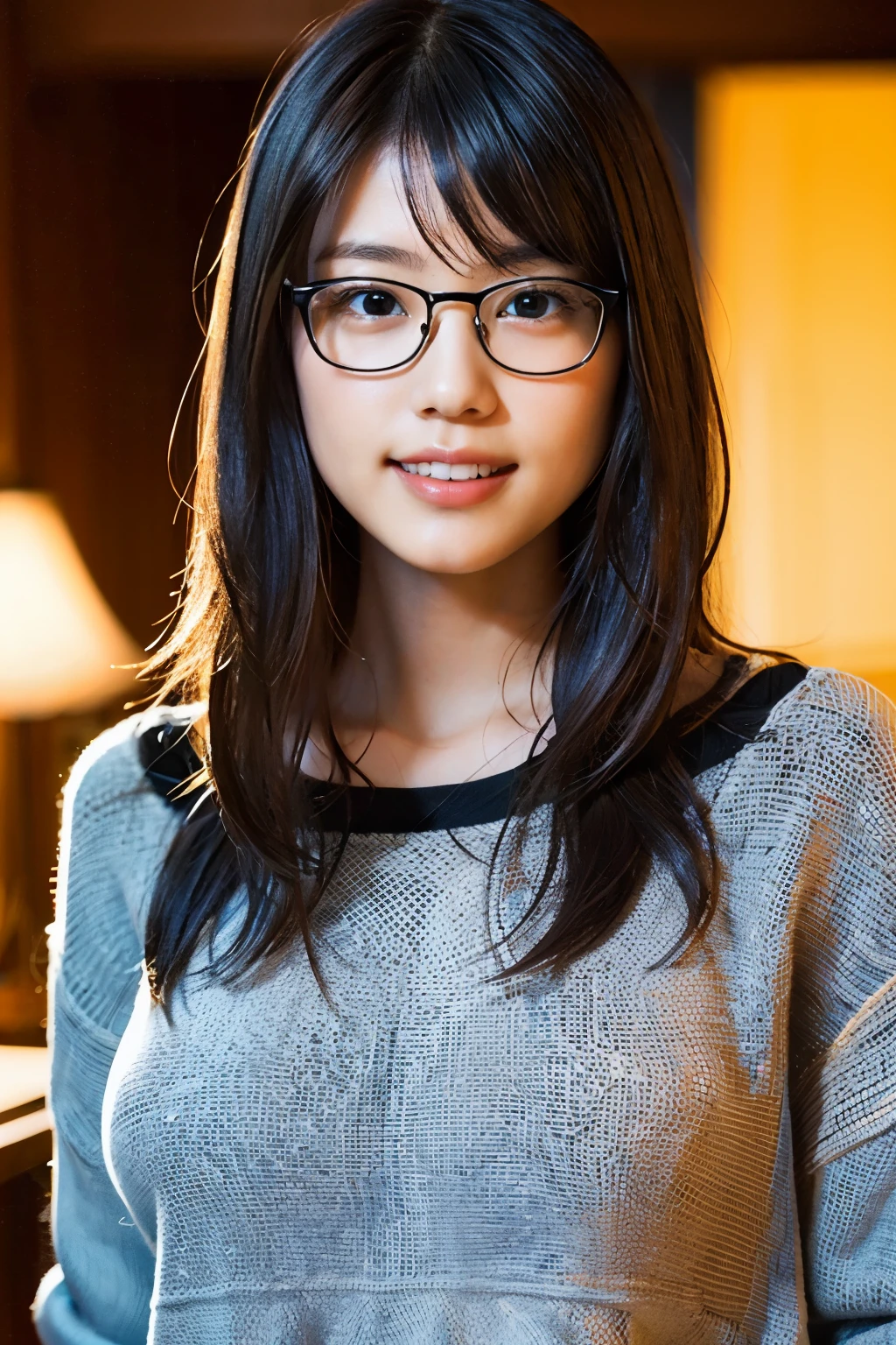 (8K、RAW photo、highest quality、masterpiece:1.2)、(realistic、Photoreal:1.37)、super detailed、超A high resolution、1 girl、see the beholder、beautiful and detailed face、A smile that shows some teeth、narrow、(slim waist) :1.3)、((cute sweater))、pastel colored clothes、Beautiful and smooth skin、skin texture、floating hair、((fluffy hairstyle))、good shape big breasts、professional lighting、Bedroom、((Black square glasses))、human body as a whole、black hair、((Embarrassing appearance))、Pay attention to your audience、