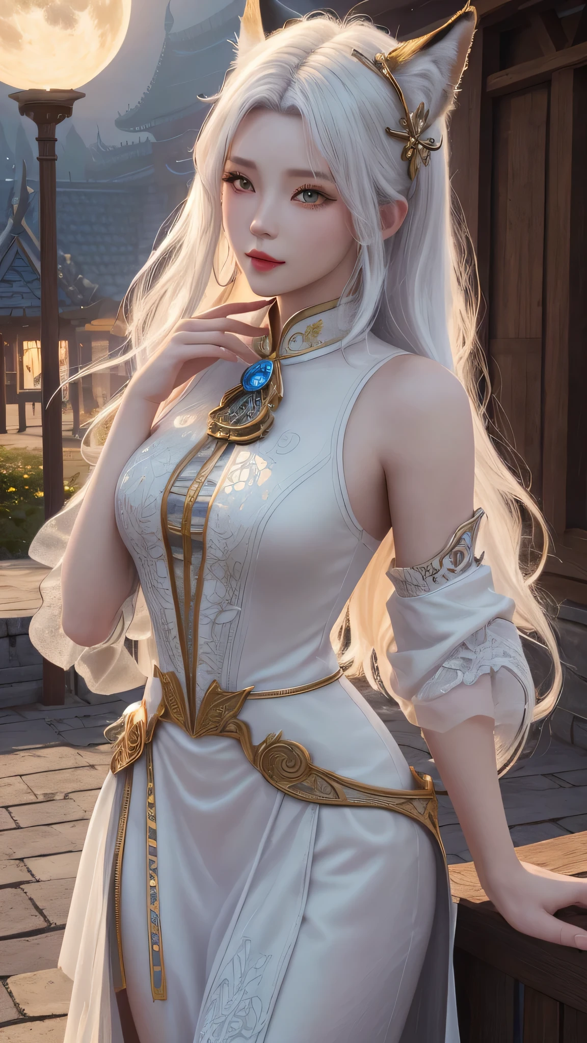 1girl, 1fox girl, fox ear, wearing white collared shirt, donghua, wallpaper, realistic, photorealistic, masterpiece, beautiful, (masterpiece, best quality, highres:1.5), (photorealistic:1.5), (intricate and beautiful:1.5), (detailed light:1.5), (soft lighting, side lighting, reflected light), (colorful, dynamic angle), fashion photography,dynamic pose, light passing through hair, outdoors, (official art), (perfect skin), (sharp), boasting a Bust-Waist-Hips measurement of 100-70-90,white hair, long hair, (looking at viewer:1.2), natural lighting, hair ornament, white hair, long hair, outdoors, exhibitionism, night, full moon, lewd pose, sexy pose, beautiful face, 3D CGI donghua fantasy artwork, donghua fantasy illustration, Detailed digital donghua art, beautiful fantasy donghua, Smooth donghua CG art, donghua fantasy artwork, 8K highquality detailed art, Realistic donghua 3D style, beautiful, and seductive donghua woman with an hourglass figure