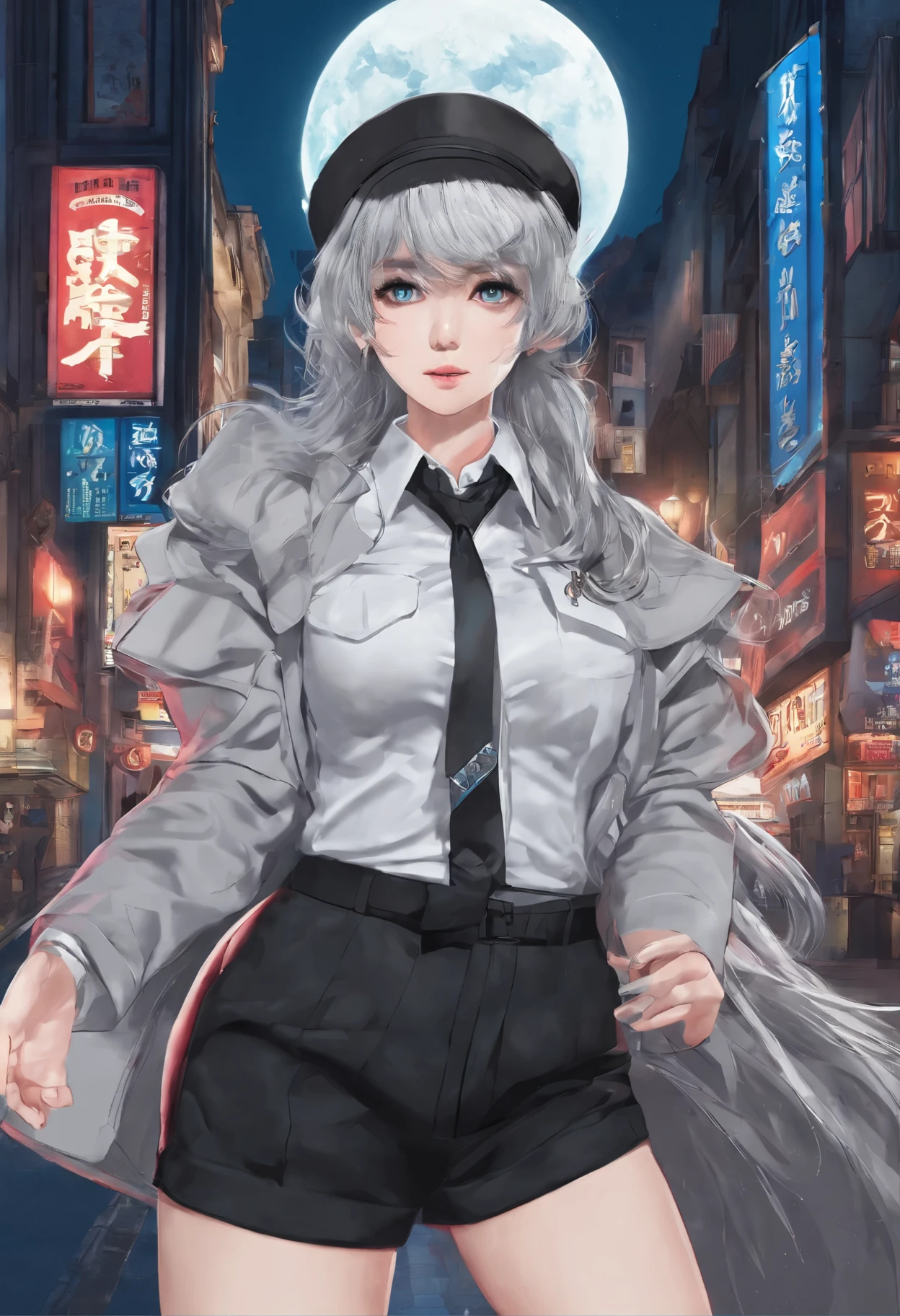 Under the full moon,better quality, 4k wallpaper, masterpiece, Highly detailed CG uniform wallpaper 8k, very fine eyes, super detailed, intricate details, 1 girl, retro art style, neon art style_pop, public, outdoor, road signs, city,long hair, gray hair, blue eyes, Because it was cropped, pants, put one's hand in one's pocket, bare belly, stomach and abdomen,look at the audience,cold look, hair up to butt,( gray hair