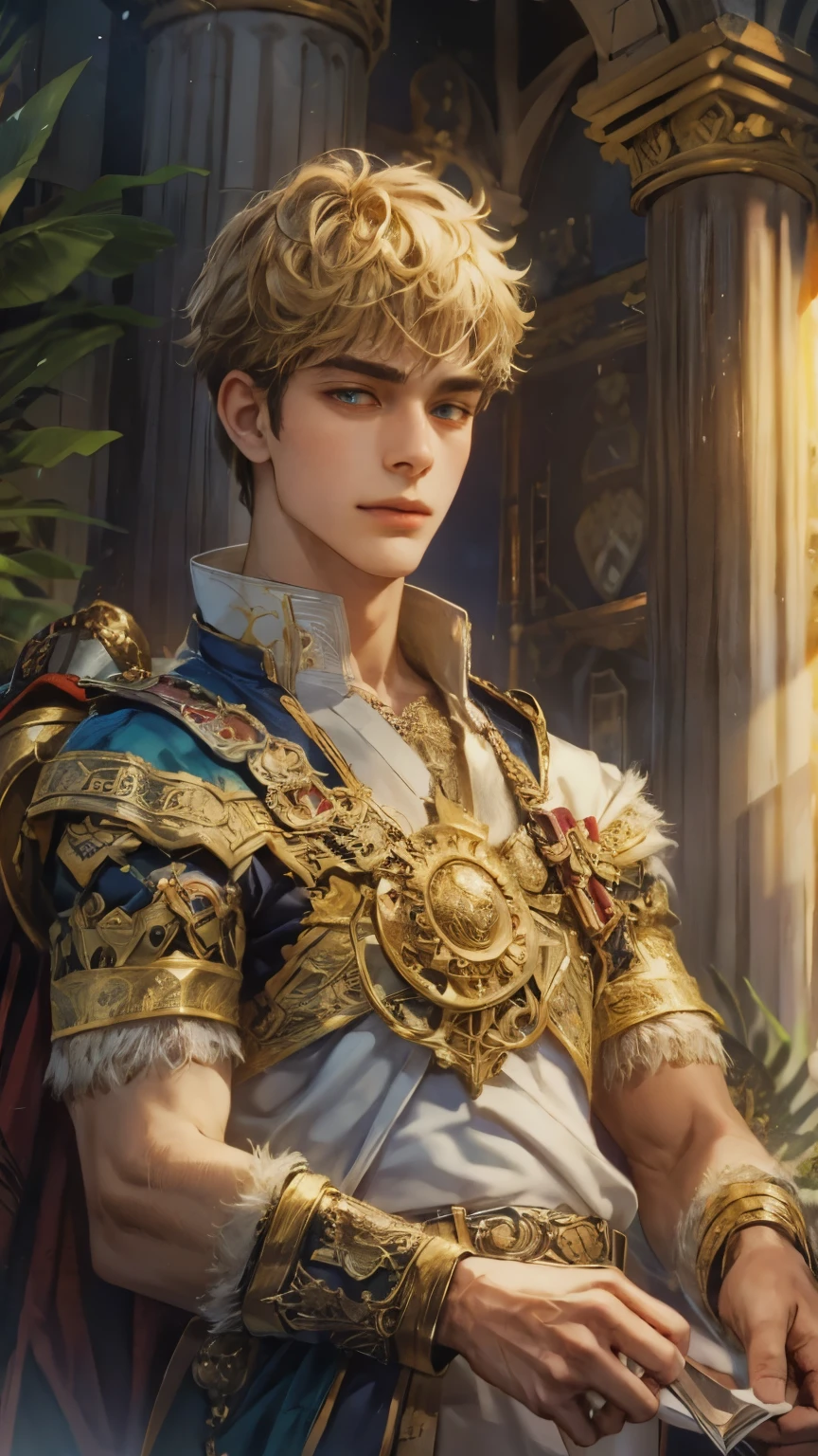 (absurdres, highres, ultra detailed, HDR), masterpiece, intricate details, best quality close-up picture of King perseus in his younger age with a perfect face, smirks, a boy with handsome looks, cool royale outfit, short hair, anime eyes, matured teen, fantastic outfit showing chest, crop top, detailed Philippines interiors, window beach scenery, detailed character, art kenouji