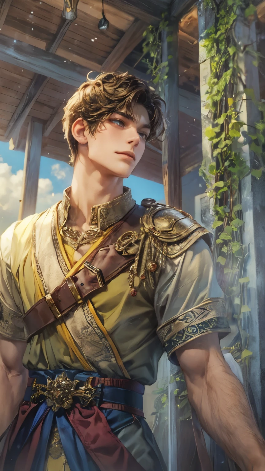(absurdres, highres, ultra detailed, HDR), masterpiece, intricate details, best quality close-up picture of King perseus in his younger age with a perfect face, smirks, a boy with handsome looks, cool royale outfit, short hair, anime eyes, matured teen, fantastic outfit showing chest, crop top, detailed Philippines interiors, window beach scenery, detailed character, art kenouji