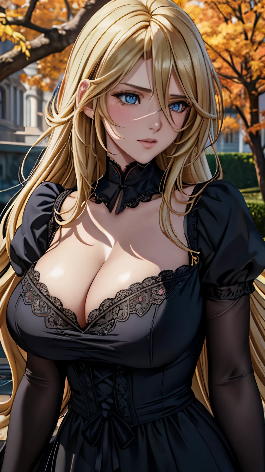blue eyes, (highest quality, masterpiece painting:1.3), immature woman, , (half body shot), masterpiece, ultra high resolution, (Photoreal:1.0), gold hair, straight hair, beautiful shining hair, white and shining skin, ((Ultra realistic details)), octane rendering, highly detailed face, (big breasts:0.8), She wears stunning costumes inspired by Belle Époque style, flowing black dress decorated with lace and ribbons, (clothing: black belle époque dress with lace and ribbons),cleavage, perfect body, soft skin, anime face, perfect face, perfect eyes, looking at the viewer, smart, Under autumn leaves tree background, Autumn leaf petals are falling, outdoors,shrine, sharp focus, intricate details, professional artwork, (bright colors:1.1), bright colors, diffused lighting, digital blending, ultra-definition body, ultra detail hair, super detailed face, that'It's trending on pixiv, top button open, Cute gaze, compensate, perfect lips, perfect compensate, Ultra-precision coating, (light_smile:0.8), (Very embarrassed:1.2), blush your nose,
