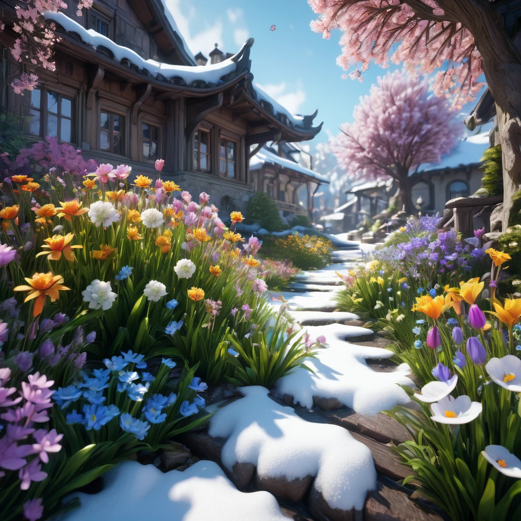 Spring Morning, aesthetic, snow melting away as spring beings with new flowers blooming, 3D Game Cinematic Feel, Epic 3D Videogame Graphics, Intricately Detailed, 8K Resolution, Dynamic Lighting, Unreal Engine 5, CryEngine, Trending on ArtStation, HDR, 3D Masterpiece, Unity Render, Perfect Composition