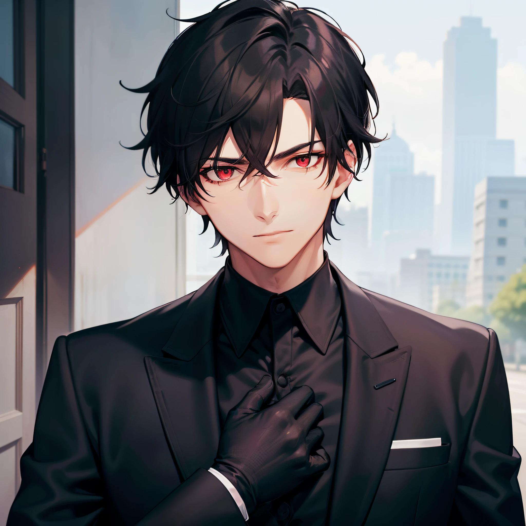 Un hombre guapo con ojos de color rojo intenso y cabello negruzco., vistiendo un traje completamente negro, black gloves and looking at you coldly