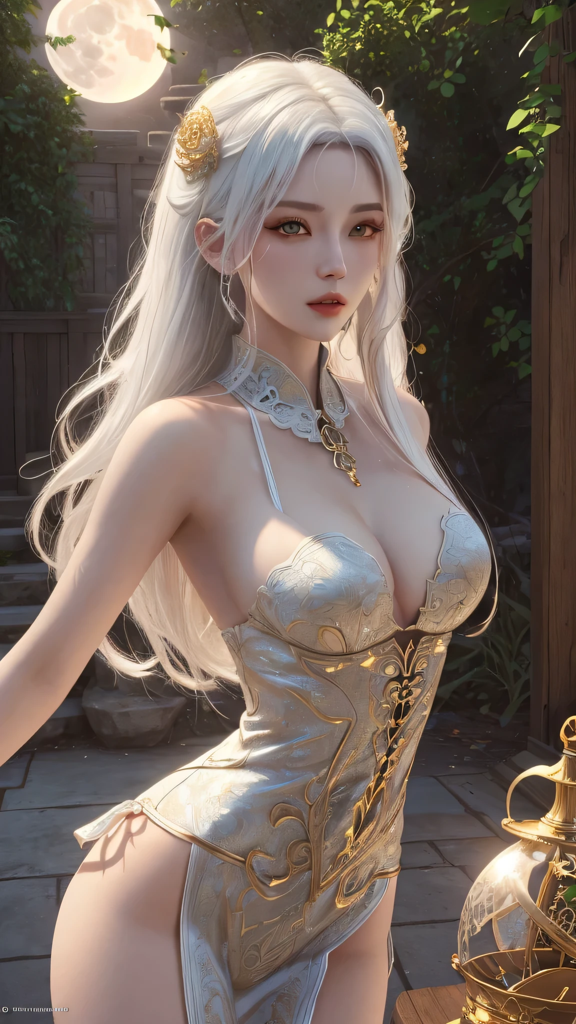 1girl, 1fox girl, fox ear, wearing white collared shirt, donghua, wallpaper, realistic, photorealistic, masterpiece, beautiful, (masterpiece, best quality, highres:1.5), (photorealistic:1.5), (intricate and beautiful:1.5), (detailed light:1.5), (soft lighting, side lighting, reflected light), (colorful, dynamic angle), fashion photography,dynamic pose, light passing through hair, outdoors, (official art), (perfect skin), (sharp), boasting a Bust-Waist-Hips measurement of 100-70-90,white hair, long hair, (looking at viewer:1.2), natural lighting, hair ornament, white hair, long hair, outdoors, exhibitionism, night, full moon, lewd pose, sexy pose, beautiful face, 3D CGI donghua fantasy artwork, donghua fantasy illustration, Detailed digital donghua art, beautiful fantasy donghua, Smooth donghua CG art, donghua fantasy artwork, 8K highquality detailed art, Realistic donghua 3D style, beautiful, and seductive donghua woman with an hourglass figure