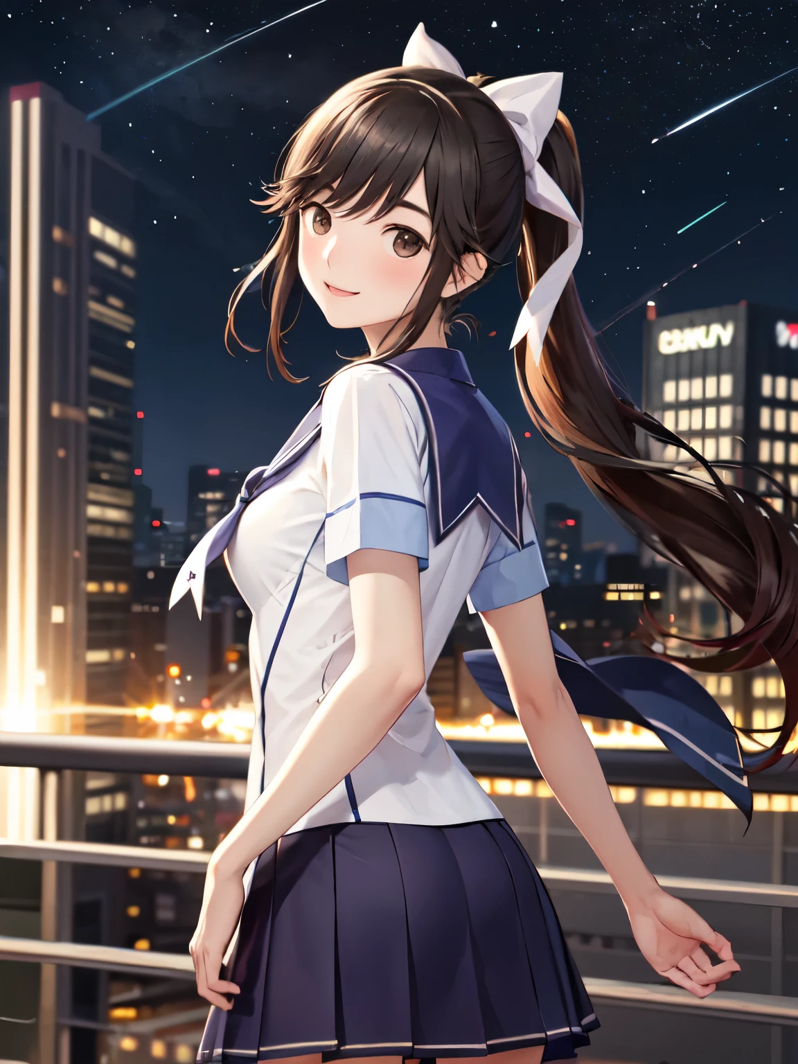 Super Detailed Game CG, (High resolution:1.1),(absurd:1.1), anime, school rooftop、night, starry sky, pretty girl, 1 girl, takane manaka, small breasts, black hair ponytail, red hair ribbon,white sailor suit, navy blue skirt, bangs, wind effect, reflection effect, smile gently、smile、beauty in return、Reddish cheeks、優しいsmile、look back、 beautiful perfect face, From the back, looking back at the audience, droopy eyes、