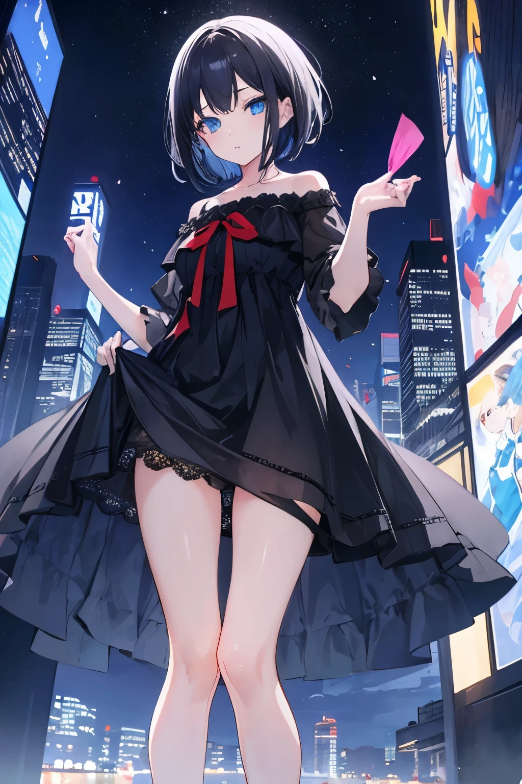 1 girl, short black hair, blue eyes, open dress, night city, high resolution, ultra sharpness, 8K, masterpiece, looking at viewer, anime