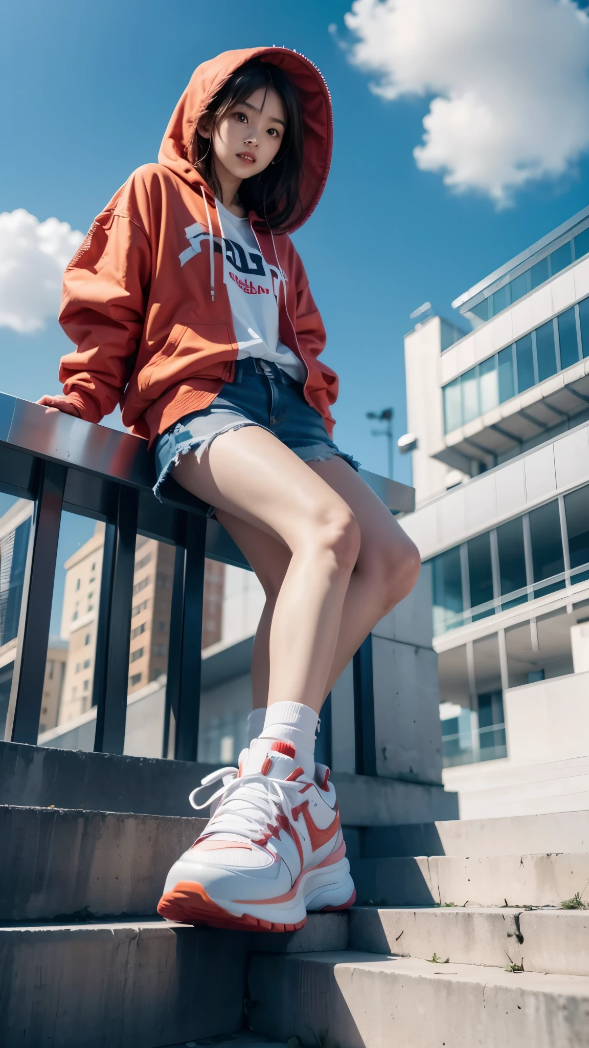 1 girl,blue sky空,blurred background,architecture,City,cloud,cloudy sky空,sky,depth of field,hood,hooded Jacket,hoodie,Jacket,side,orange hoodie,look up,shoe子靠近相机,from below,whole body,lips,long sleeve,looking at the audience,motion blur,outdoor,parted lips,railing,shoe,shorts,sitting,sky空,运动shoe,alone,stairs