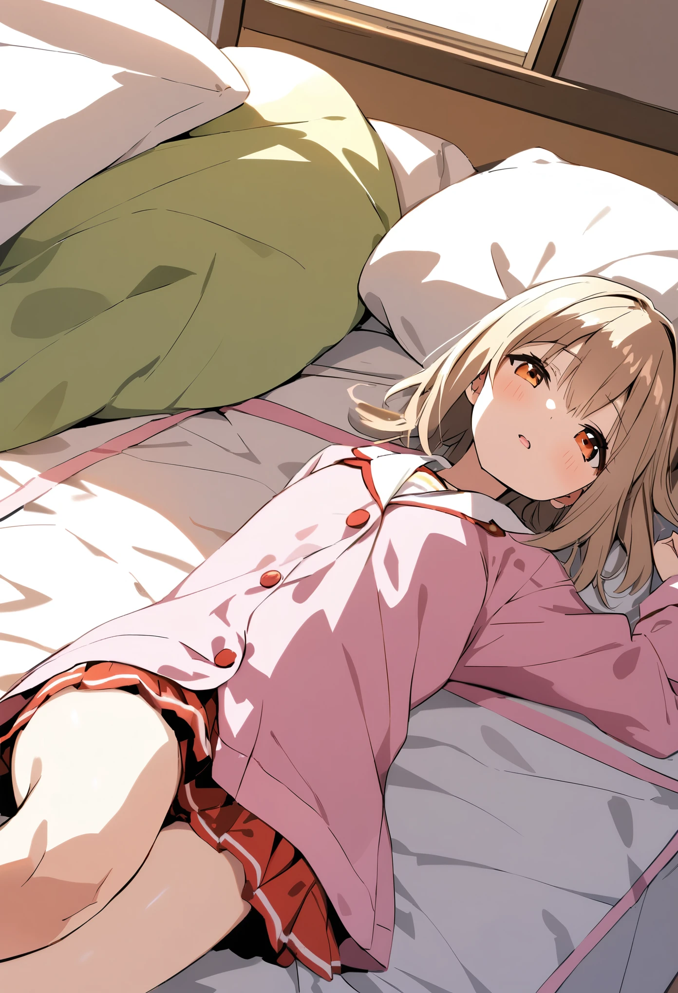 Loli, Hot Pants, pajamas, Bedroom, Three-Quarters Length, Overhead View, lying on another, lie