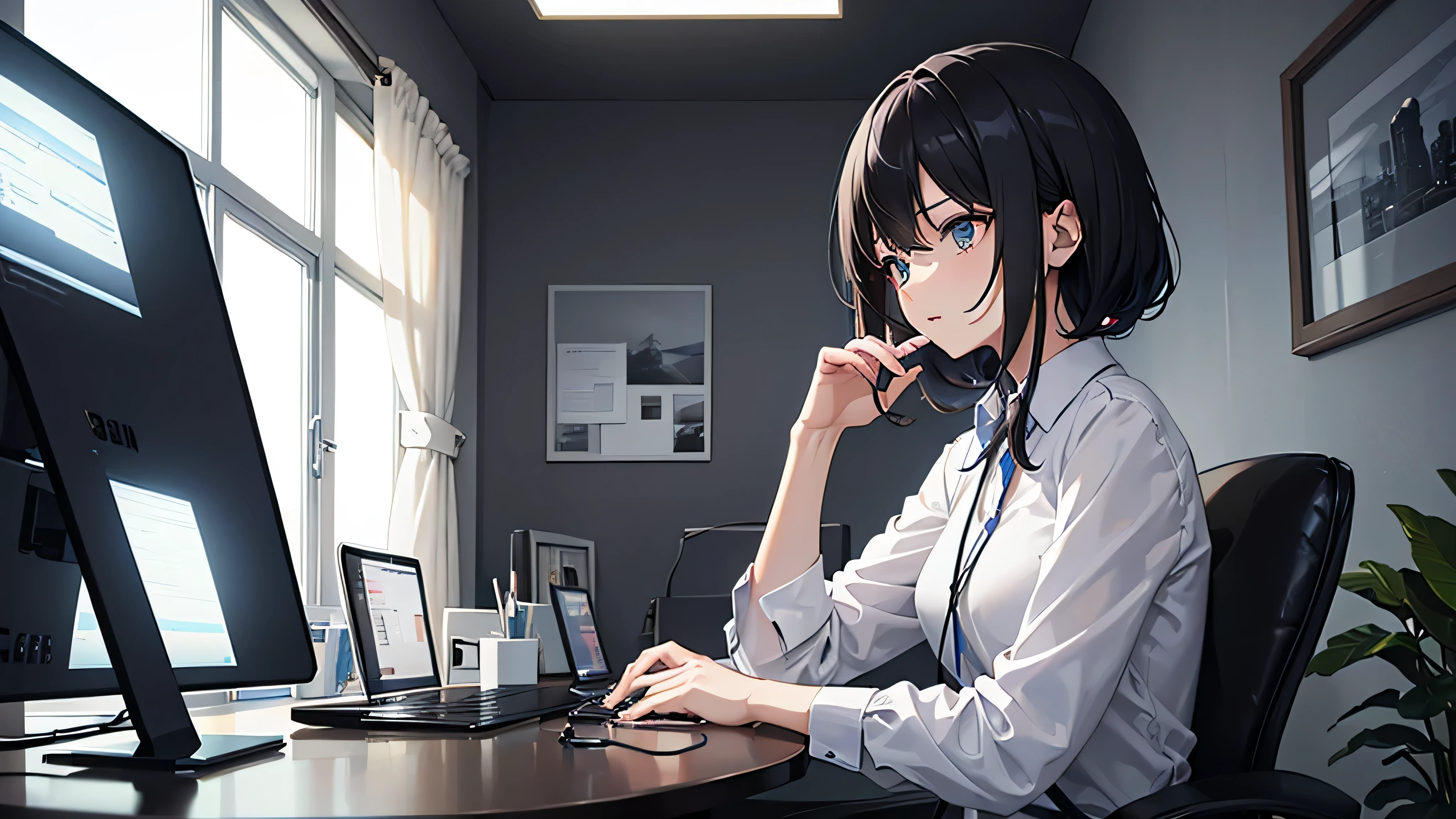 woman working on a computer　black hair short　headphone　small window　Plaster walls　relax　(((night)))
