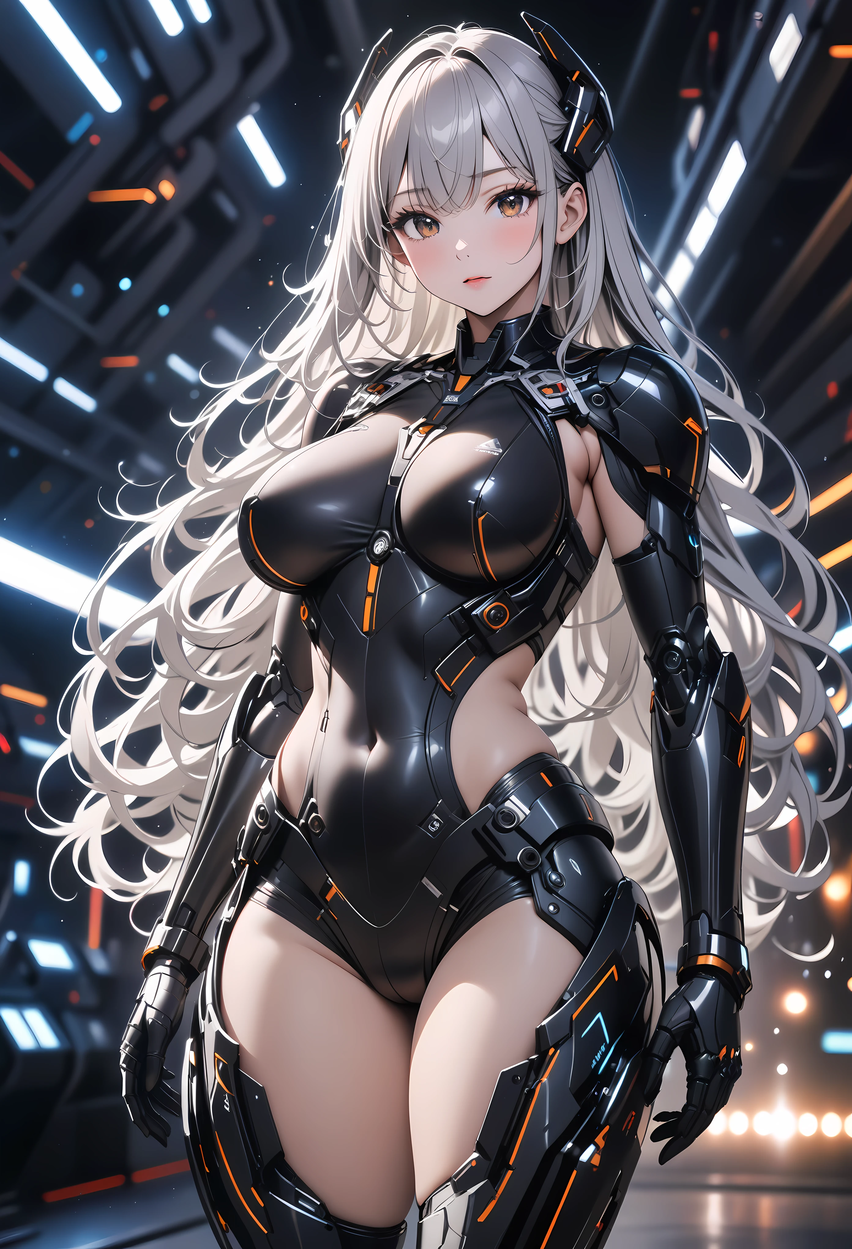 (masterpiece:1.2),(best quality:1.2),intricate details, , newest, ai-generated, dark theme, depth of field, bokeh, volumetric light, 1 soldier women, white long hair, futuristic space ship as background, wearing futuristic exoskeleton, futuristic instrumentation, embossing decoration on body, deep black trim on exoskeleton ,cowboy shot ,(sexy) , (large breasts, wide hips)