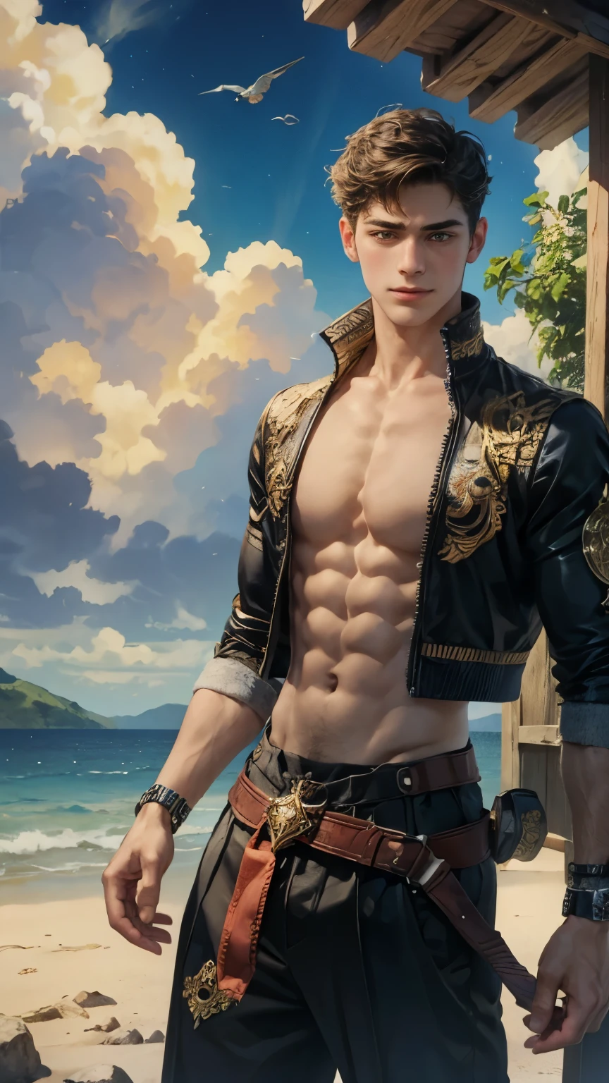 High Art - Portrait of Apollo, god of love and beauty. ! His beauty is incredible . body structure - perfection ! Handsome young man . naked. only thong . perfect chest muscles and big nipples on the chest . Emerald eyes . blonde hair ,on the neck there is a gold chain with a sparkling pendant and on the hand there is a sparkling bracelet. In the Golden Palace ! A photographic portrait of Apollo at his best ! top quality. Full body, muscular and slim, leaning against the rock,  with bracelet and wearing shoes, with sunglasses, tattoo on navel down, 