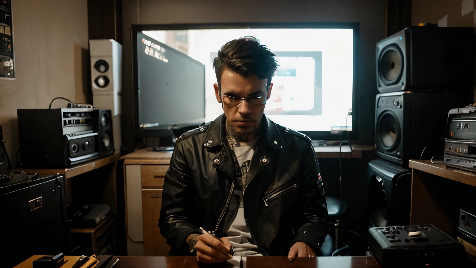 in the background Punk man sitting on a bench at the back of the room cigarette in his right hand, messy music studio scenery, perspectiva frontal profunda, cyberpunk style illustration
