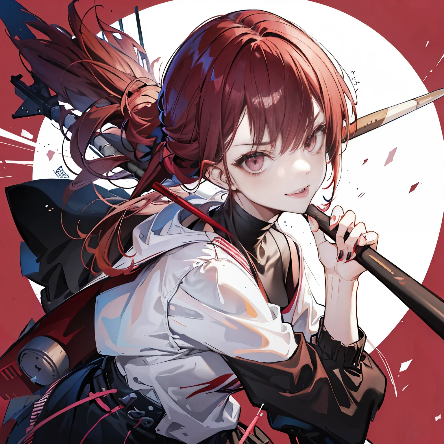 1 girl, hair tied half high, dark red hair, personality, rebellious, bully, bad girl, smirk, tongue sticking out, holding a baseball bat over her shoulder, an arrogant look on her face