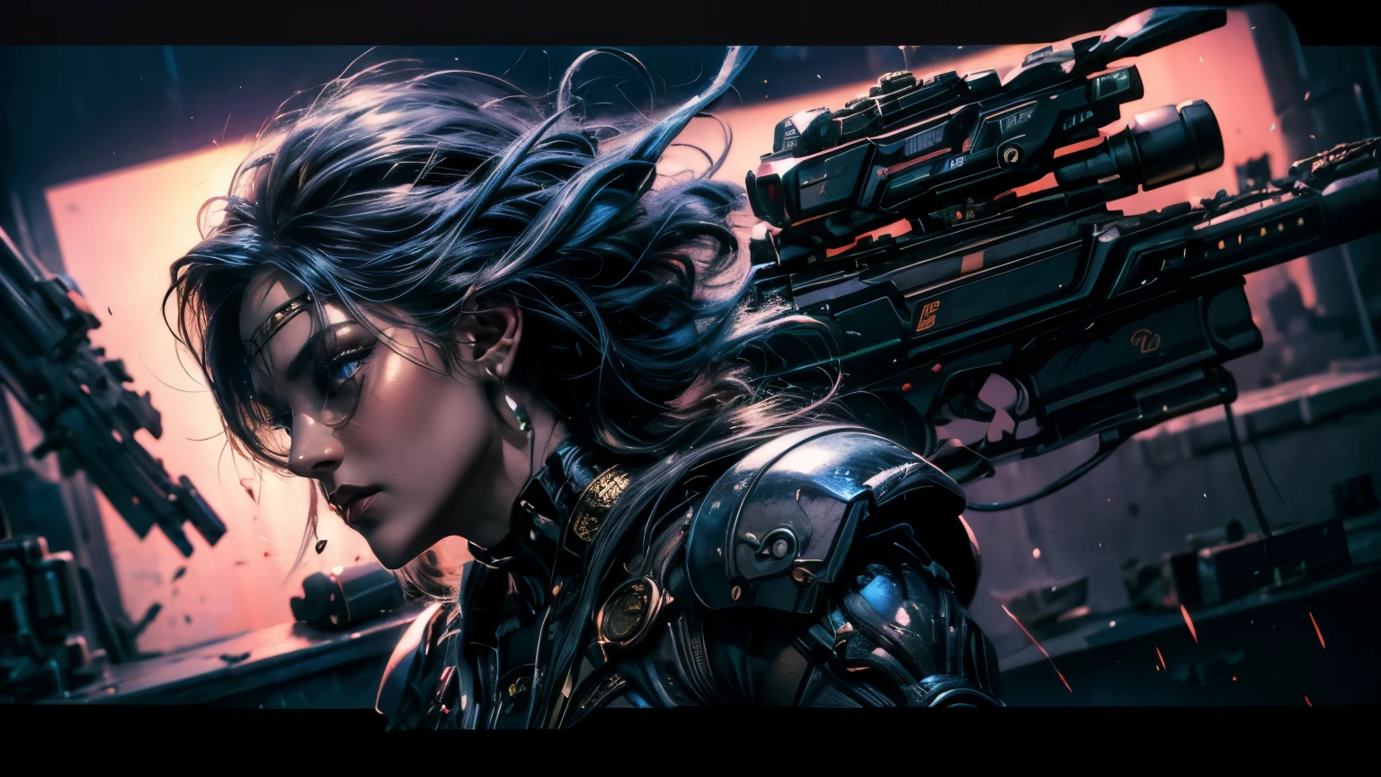 Look、aim the gun、god rays, UHD, masterpiece, ccurate, anatomically correct, cyborg、super detail, award winning, best quality, high details, high quality、(trimming gear1:3)、scope、
longeyelashes, fang, dreadlocks, facepaint, Surrealism, Art Nouveau、drop shadow, anaglyph, stereogram, tachi-e, pov, atmospheric perspective, film grain, drop shadow, motion blur, 8k, super detail, ccurate, best quality, 16k, high details, ccurate, super detail
