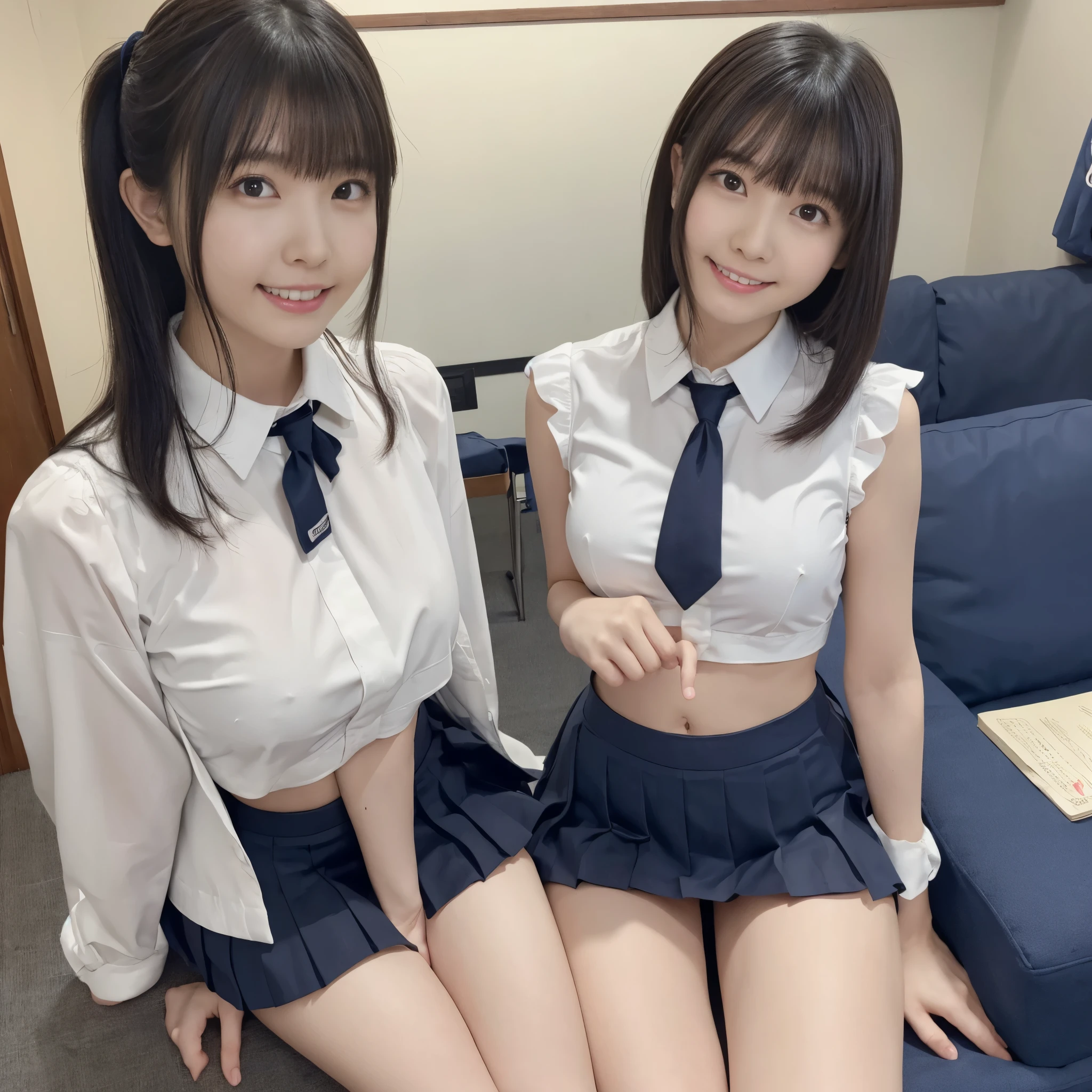 (black hair、school uniform、、Navel exposedワイシャツ、cropped tops、tie、sleeveless、summer clothes、Looking at me with a big smile、Navel exposed、beautiful teeth alignment、Are standing、underchool classroom、cleavage is visible、pleated mini skirt、micro mini skirt、navy blue knee high socks、white panties)professional lighting、slender、adult woman、big breasts、big ass、seductive thighs、