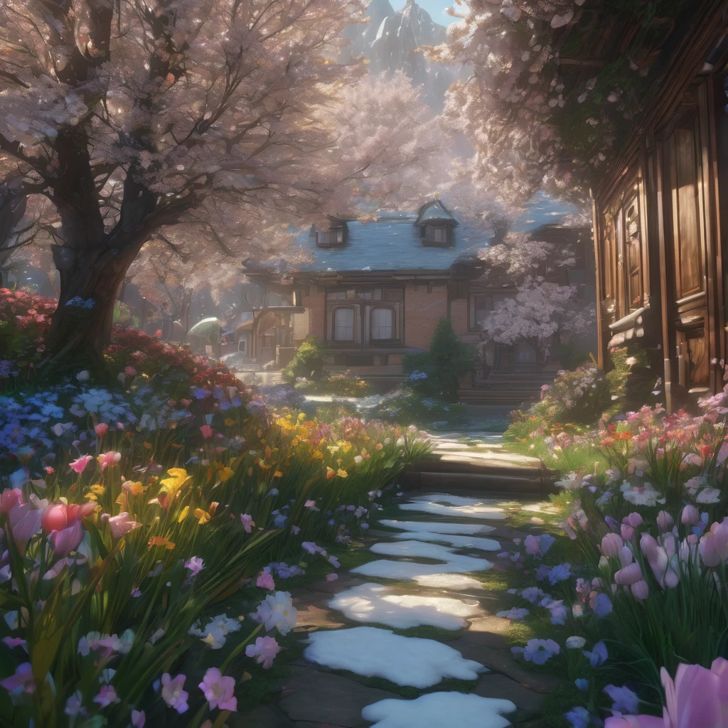 Spring Morning, aesthetic, snow melting away as spring beings with new flowers blooming, 3D Game Cinematic Feel, Epic 3D Videogame Graphics, Intricately Detailed, 8K Resolution, Dynamic Lighting, Unreal Engine 5, CryEngine, Trending on ArtStation, HDR, 3D Masterpiece, Unity Render, Perfect Composition