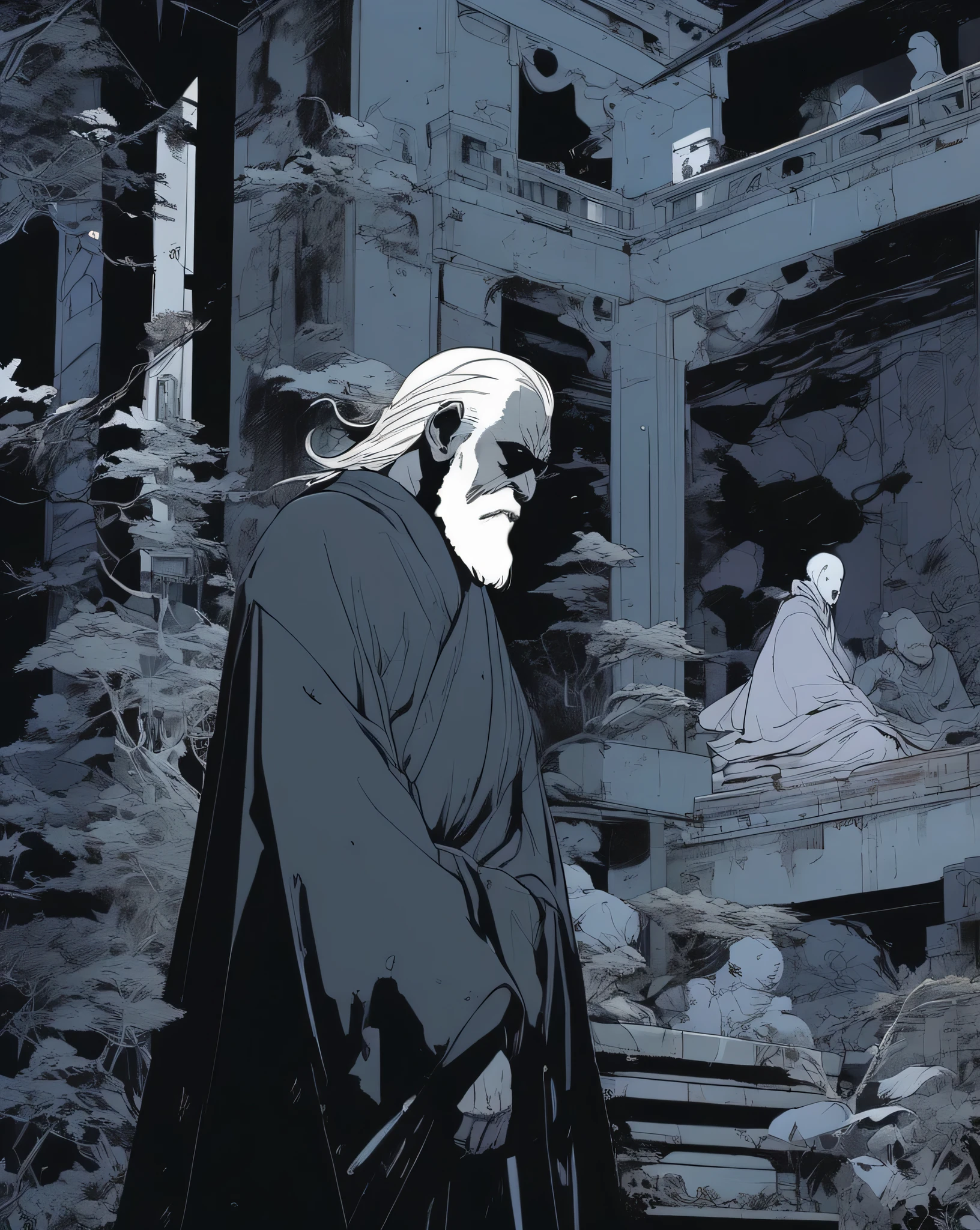 The Old Gentleman's Ghost by Laurie Greasley and Takeshi Obata, The desire to achieve enlightenment, covered with black clothes、nirvana, black and gray, Oil Paint, be familiar with, realistic, 8k uh, high quality、highest amount of information、masterpiece、Detailed writing、