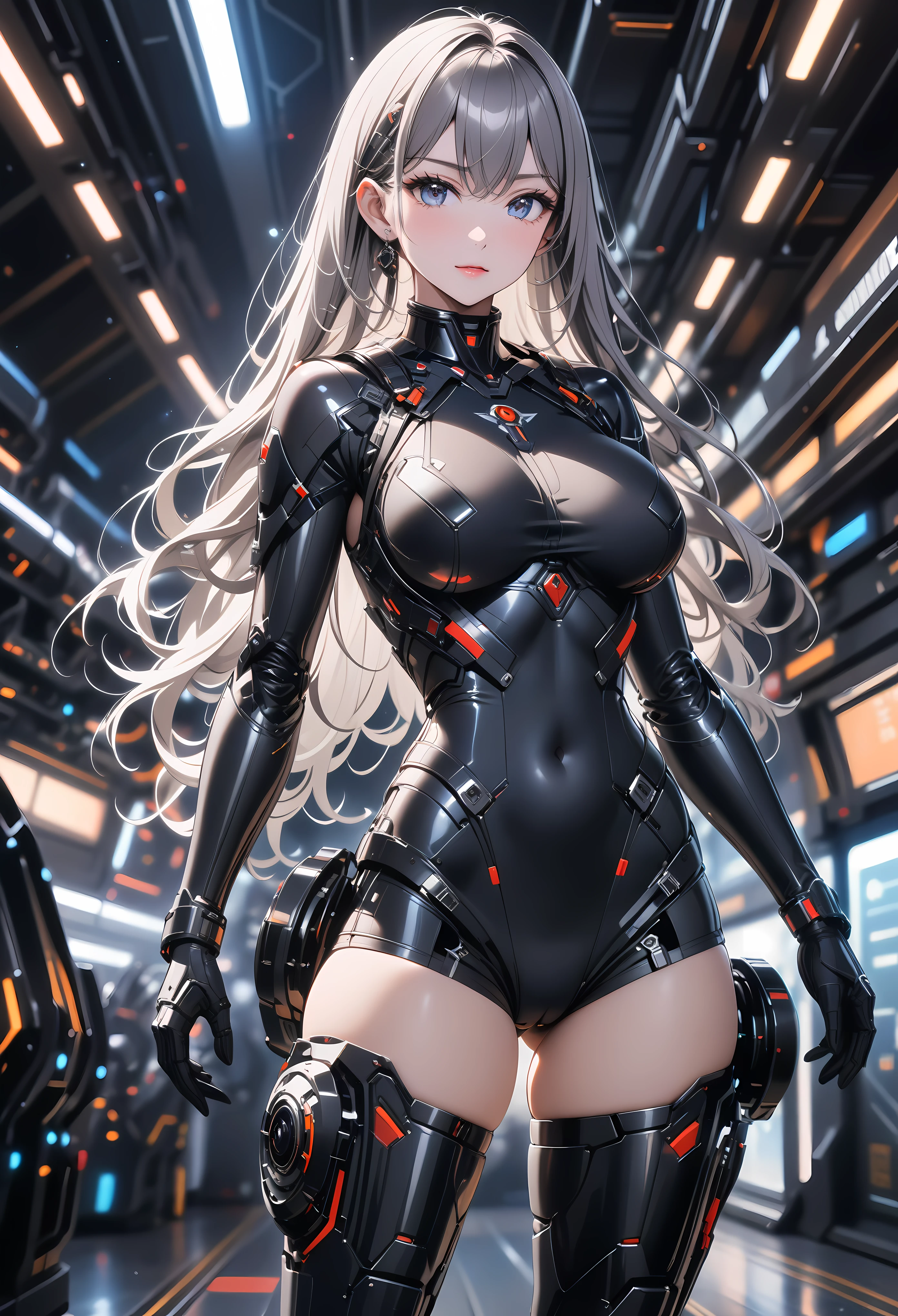 (masterpiece:1.2),(best quality:1.2),intricate details, , newest, ai-generated, dark theme, depth of field, bokeh, volumetric light, 1 soldier women, white long hair, futuristic space ship as background, wearing futuristic exoskeleton, futuristic instrumentation, embossing decoration on body, deep black trim on exoskeleton ,cowboy shot ,(sexy) , (large breasts, wide hips)