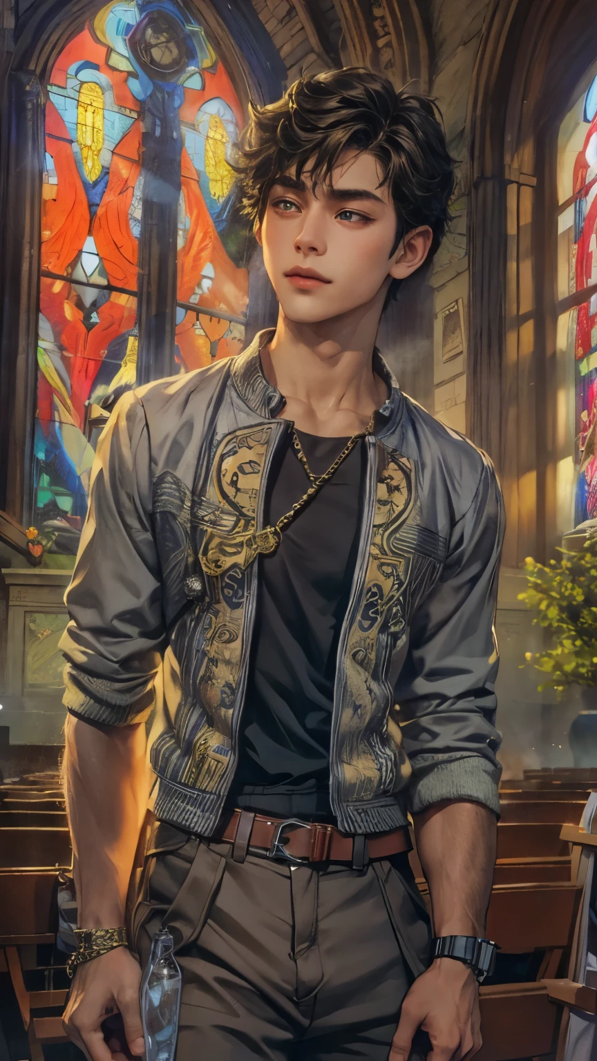 (absurdres, highres, ultra detailed, HDR), masterpiece, intricate details, best quality close-up picture of young Filipino boy with a perfect face, smirks, a boy with handsome looks, cool casual outfit, short hair, anime eyes, matured , fantastic outfit showing chest, crop top, detailed Philippines interiors, window church scenery, detailed character, art kenouji
