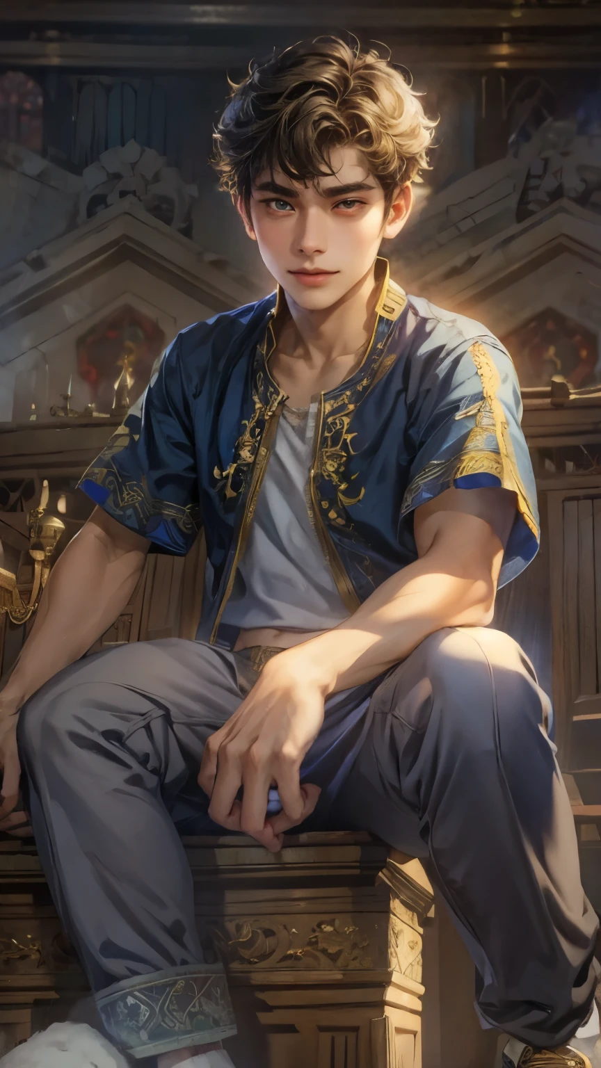 (absurdres, highres, ultra detailed, HDR), masterpiece, intricate details, best quality close-up picture of young Filipino boy with a perfect face, smirks, a boy with handsome looks, cool casual outfit, short hair, anime eyes, matured teen, fantastic outfit showing chest, crop top, detailed Philippines interiors, window church scenery, detailed character, art kenouji