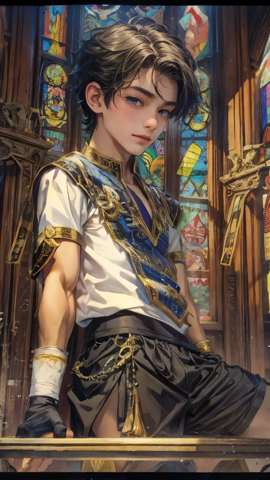 (absurdres, highres, ultra detailed, HDR), masterpiece, intricate details, best quality close-up picture of young Filipino boy with a perfect face, smirks, a boy with handsome looks, cool casual outfit, short hair, anime eyes, matured teen, fantastic outfit showing chest, crop top, detailed Philippines interiors, window church scenery, detailed character, art kenouji