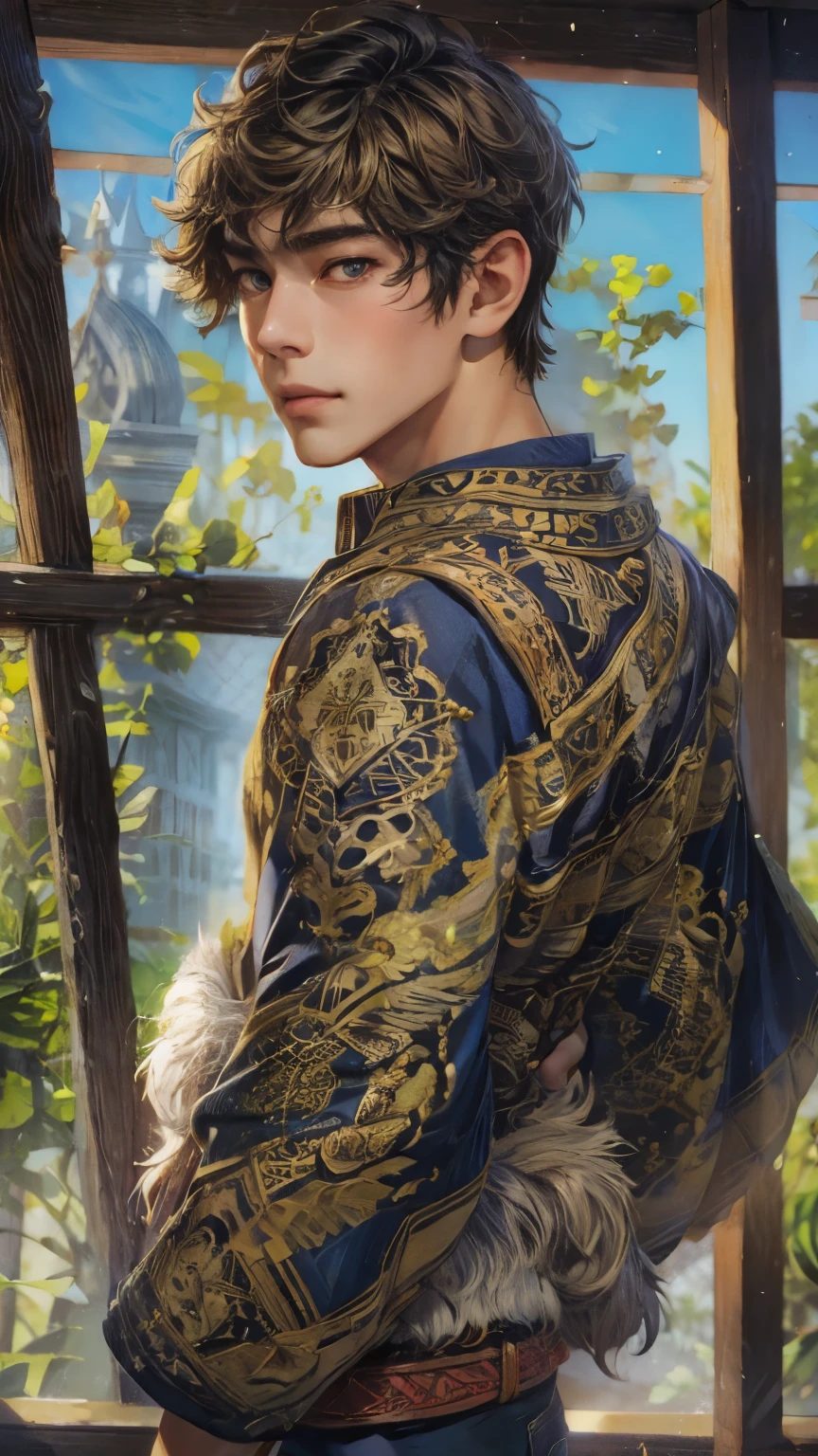 (absurdres, highres, ultra detailed, HDR), masterpiece, intricate details, best quality close-up picture of young Filipino boy with a perfect face, smirks, a boy with handsome looks, cool casual outfit, short hair, anime eyes, matured teen, fantastic outfit showing chest, crop top, detailed Philippines interiors, window church scenery, detailed character, art kenouji