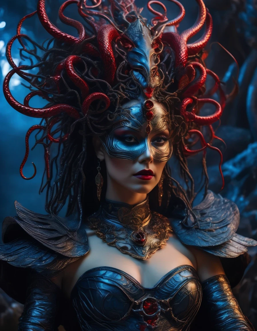 Gothic style red，Greek mythology Medusa wearing a very strange costume，（A lot of black smoke sticks out from the blow：0.65）（human head snake body），（Hair made of countless snakes），（snake scale skin），Black smoky makeup，There is red blood in the corner of the eye，Red snake tongue sticking out from open mouth，Blue seductive eyes，In the foreground is the blue laser aurora emitting beams，complex clothing design, dreamworks animated bjork, james cameron avatar style, fantasy movie, Cyberpunk Elf Queen, Emma Watson plays the Snow Queen, Warhammer Nagash Haute Couture, Thierry Muller, 《Coraline》&quot;The Other Mother&quot; in，darkness is always there，Beauty and warmth come from darkness，Gorgeous model，waste plastic，废electric wire、electric wire，dead branches，Decadence scent，Alexander Mcqueen is called the God of Goth， Mcqueen&#39;s’ designs always have a strong flavor of gothic asceticism，Religion and decadence give you a heavy visual blow，.gothic style，Savage growth，Born towards the sun！Makeup skips the flashy show，through the clothes in front of me，There are countless kinds of fashion that are hard to see through