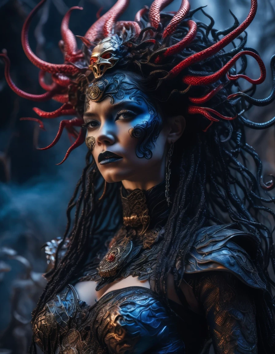 Gothic style red,Greek mythology Medusa wearing a very strange costume,(A lot of black smoke sticks out from the blow:0.65)(human head snake body),(Hair made of countless snakes),(snake scale skin),Black smoky makeup,There is red blood in the corner of the eye,Red snake tongue sticking out from open mouth,Blue seductive eyes,In the foreground is the blue laser aurora emitting beams,complex clothing design, dreamworks animated bjork, james cameron avatar style, fantasy movie, Cyberpunk Elf Queen, Emma Watson plays the Snow Queen, Warhammer Nagash Haute Couture, Thierry Muller, 《Coraline》"The Other Mother" in,darkness is always there,Beauty and warmth come from darkness,Gorgeous model,waste plastic,废electric wire、electric wire,dead branches,Decadence scent,Alexander Mcqueen is called the God of Goth, Mcqueen's’ designs always have a strong flavor of gothic asceticism,Religion and decadence give you a heavy visual blow,.gothic style,Savage growth,Born towards the sun!Makeup skips the flashy show,through the clothes in front of me,There are countless kinds of fashion that are hard to see through