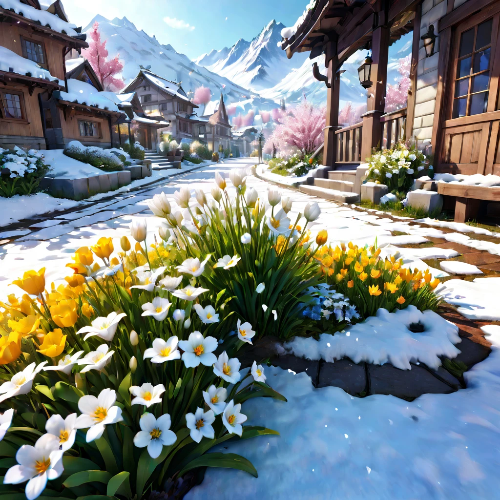 Spring Morning, aesthetic, snow melting away as spring beings with new flowers blooming, 3D Game Cinematic Feel, Epic 3D Videogame Graphics, Intricately Detailed, 8K Resolution, Dynamic Lighting, Unreal Engine 5, CryEngine, Trending on ArtStation, HDR, 3D Masterpiece, Unity Render, Perfect Composition