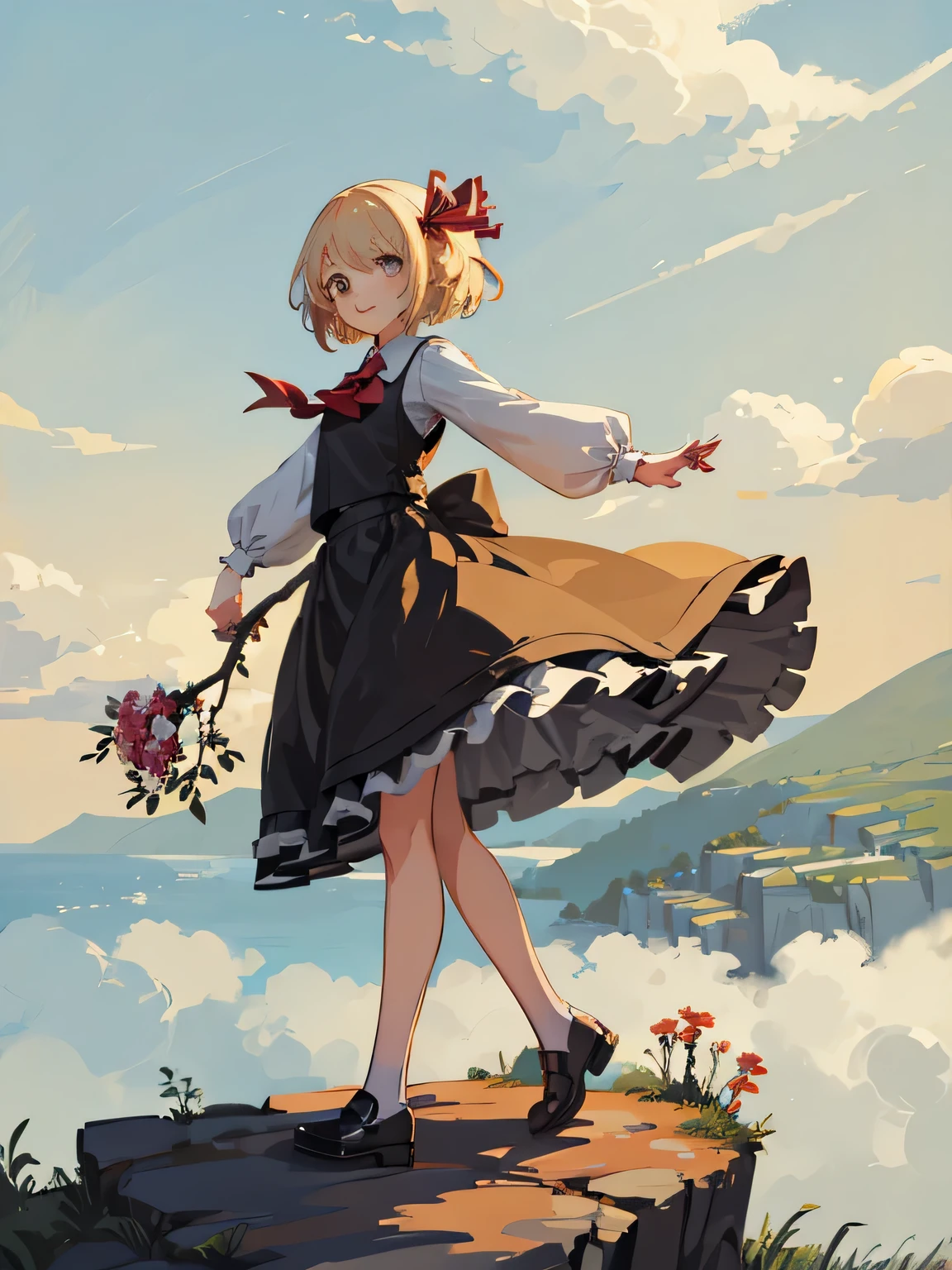 rumia,smile,walking on the cliff,full body,spread arms,((holding a branch)),from side,blue sky,high quality,high resolution,masterpiece,