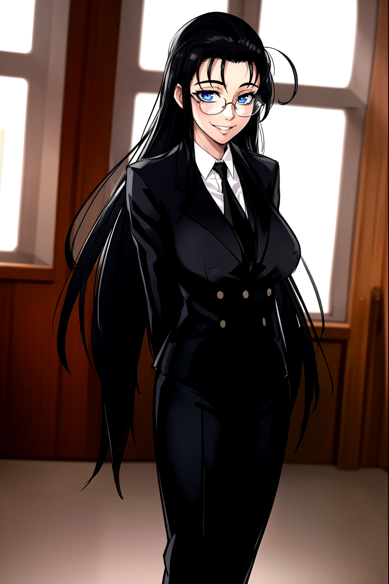 masterpiece, best quality, 1girl, solo, vanwinkle, standing,  female focus, blue eyes, messy hair, suit, glasses, necktie, big breasts, teeth, [[closed mouth]], formal, smile, simple background, pants, ((arms behind back), looking at viewer, indoors, standing, closeup,  boob window, large breasts, face focus, closeup shot, black tuxedo suit