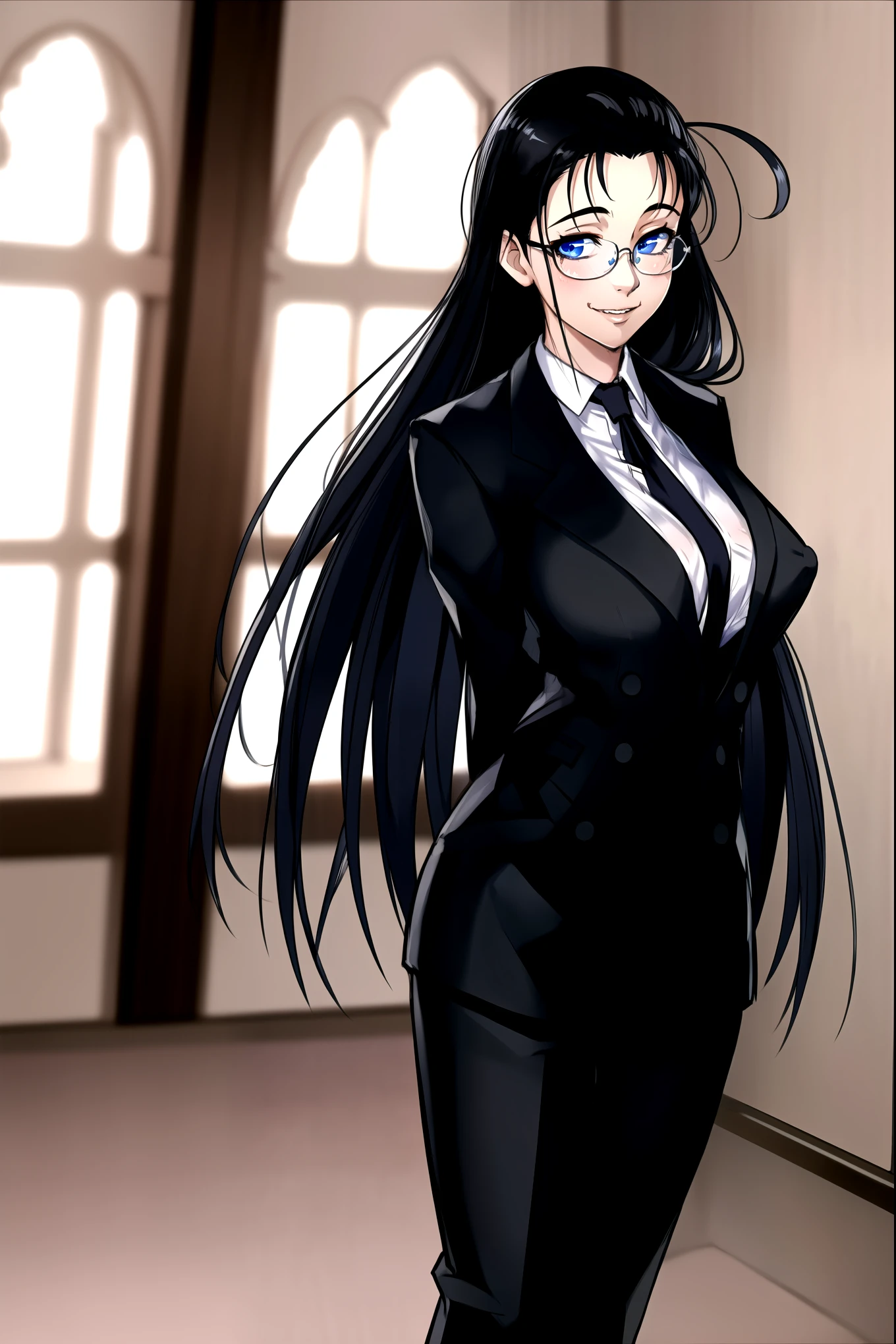 masterpiece, best quality, 1girl, solo, vanwinkle, standing,  female focus, blue eyes, messy hair, suit, glasses, necktie, big breasts, teeth, [[closed mouth]], formal, smile, simple background, pants, ((arms behind back), looking at viewer, indoors, standing, closeup,  boob window, large breasts, face focus, closeup shot, black tuxedo suit