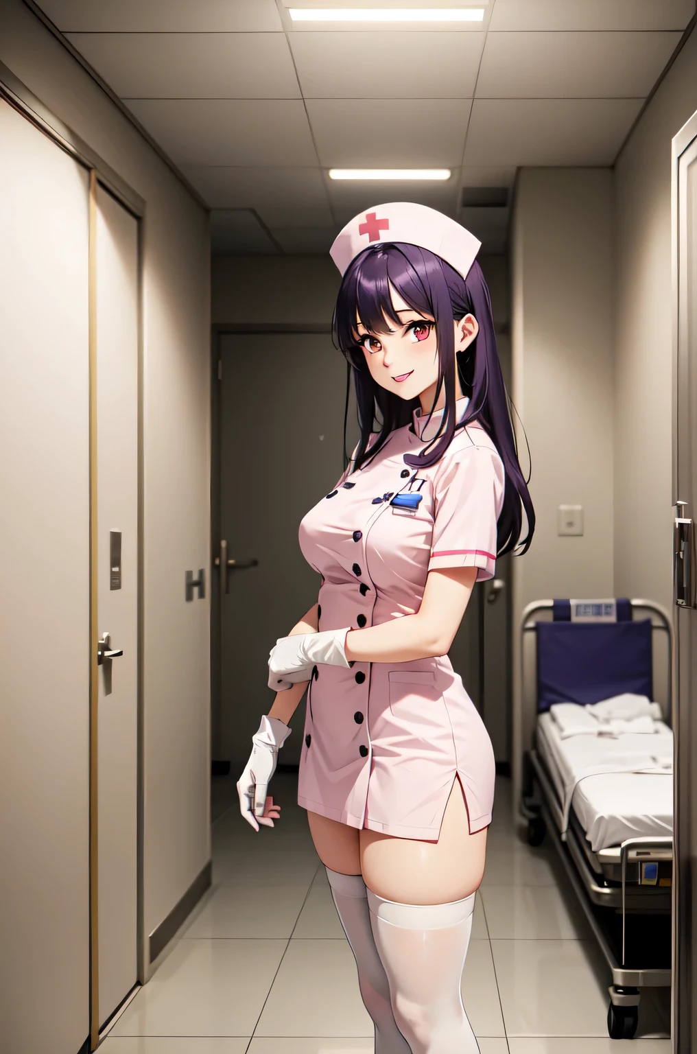 1woman, solo, nurse, white nurse cap, white nurse uniform, ((white legwear, zettai ryouiki)), white gloves, long hair, purple hair, red eyes, pink lips, smile, standing, ((hospital room)), sharp outline, short sleeves, mature female, 35 years old, best quality, masterpiece