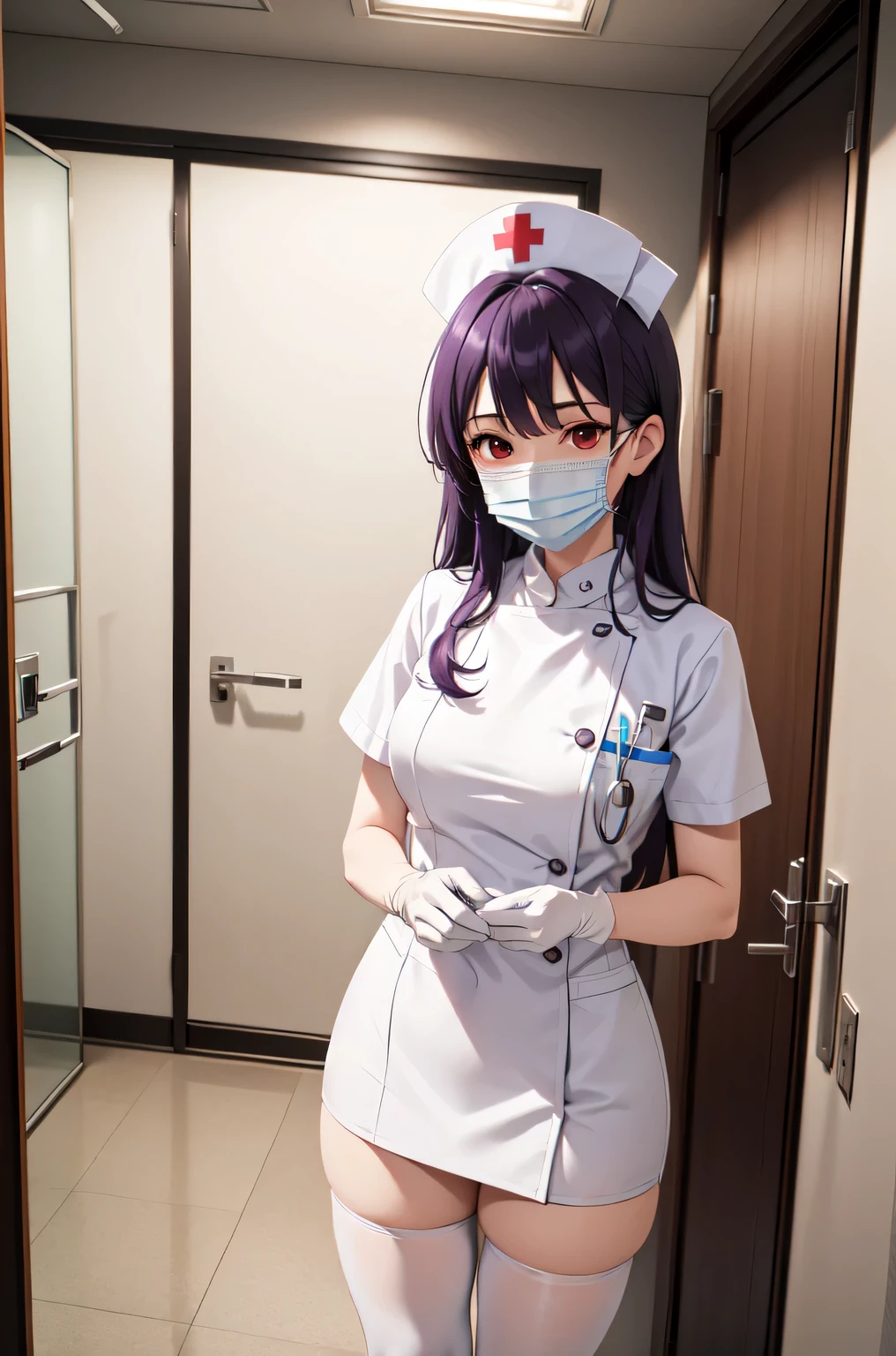 1woman, solo, nurse, white nurse cap, white nurse uniform, ((white legwear, zettai ryouiki)), white gloves, long hair, purple hair, red eyes, ((white surgical mask, covered nose)), standing, ((hospital room)), sharp outline, short sleeves, mature female, 35 years old, best quality, masterpiece