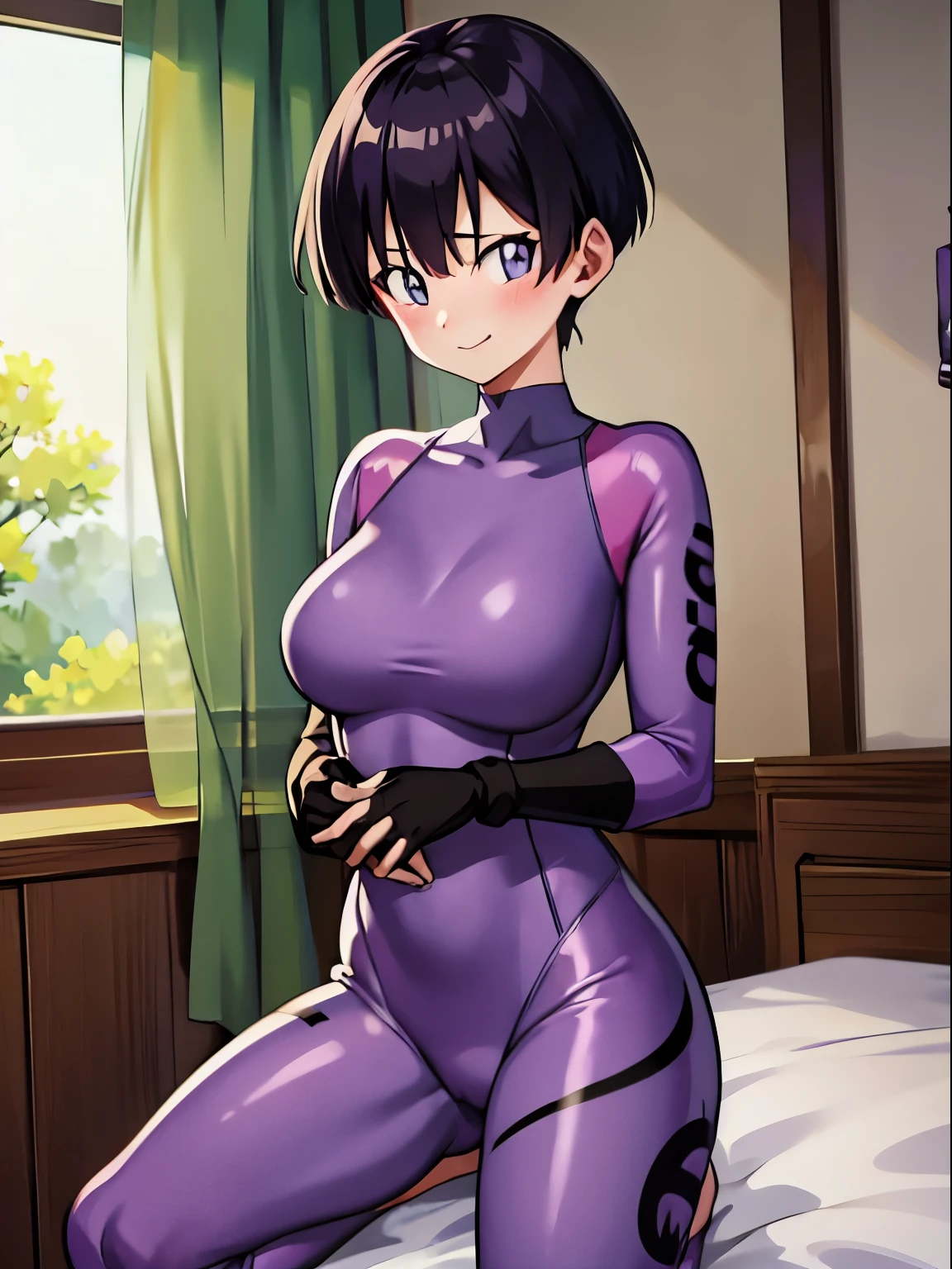 forest,videl,1 girl,Alone,((bright purple tight suit,:1.5)),barefoot,big breasts,smile,blush,Research room,bare hands,Highest image quality,highest quality,Standing,((1 girl:1.4)),open your mouth wide,classroom,girl being hugged from behind by a man,