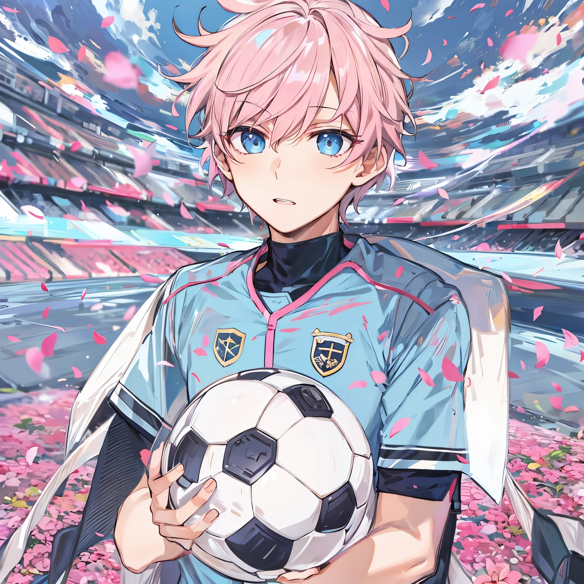 (1boy, masculino),(atacante),uniforme de futebol, aquamarine eyes, Campo de futebol, astolfo fate short hair