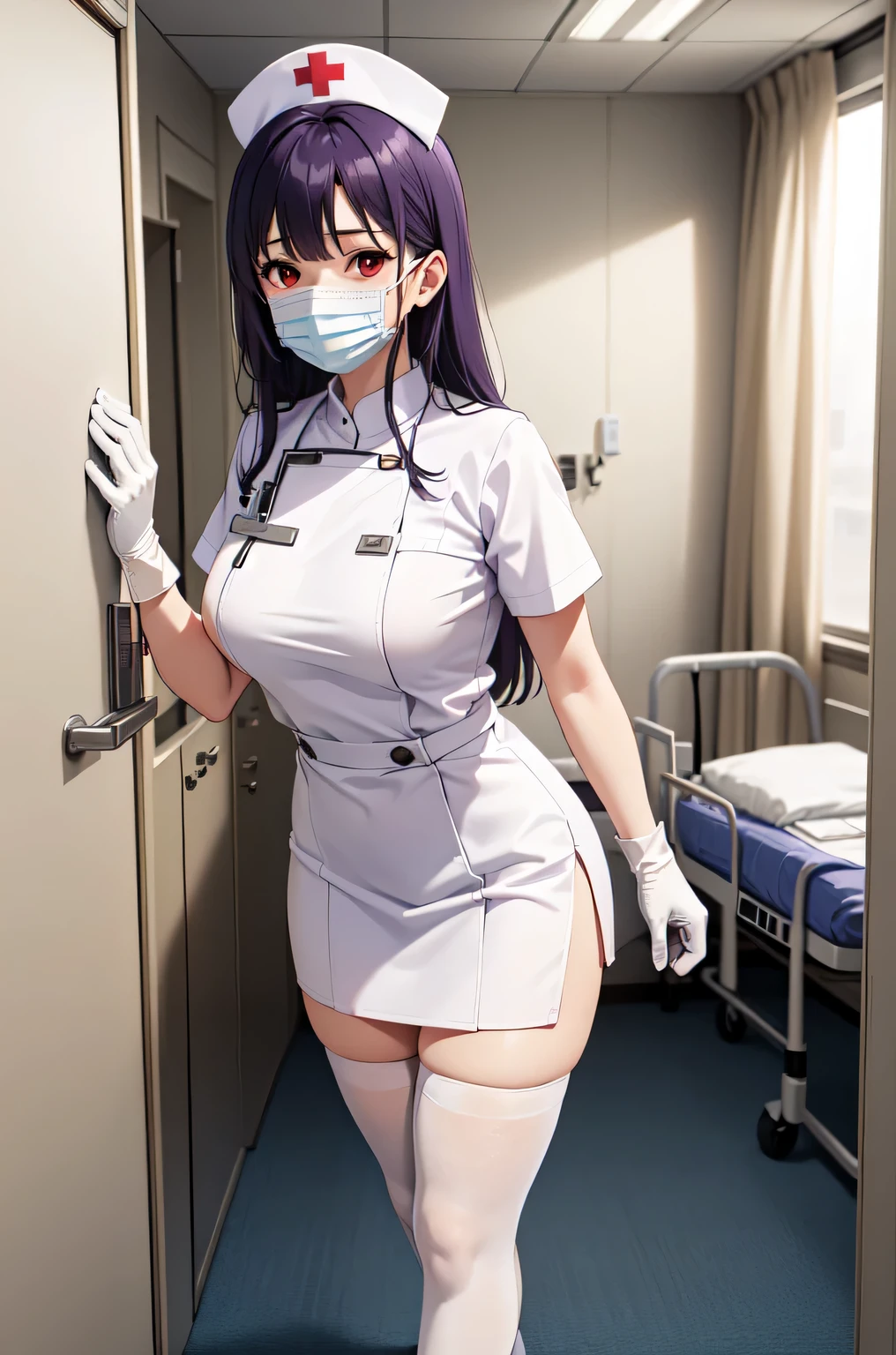 1woman, solo, nurse, white nurse cap, white nurse uniform, ((white legwear, zettai ryouiki)), white gloves, long hair, purple hair, red eyes, ((white surgical mask, covered nose)), standing, ((hospital room)), sharp outline, short sleeves, mature female, 35 years old, best quality, masterpiece