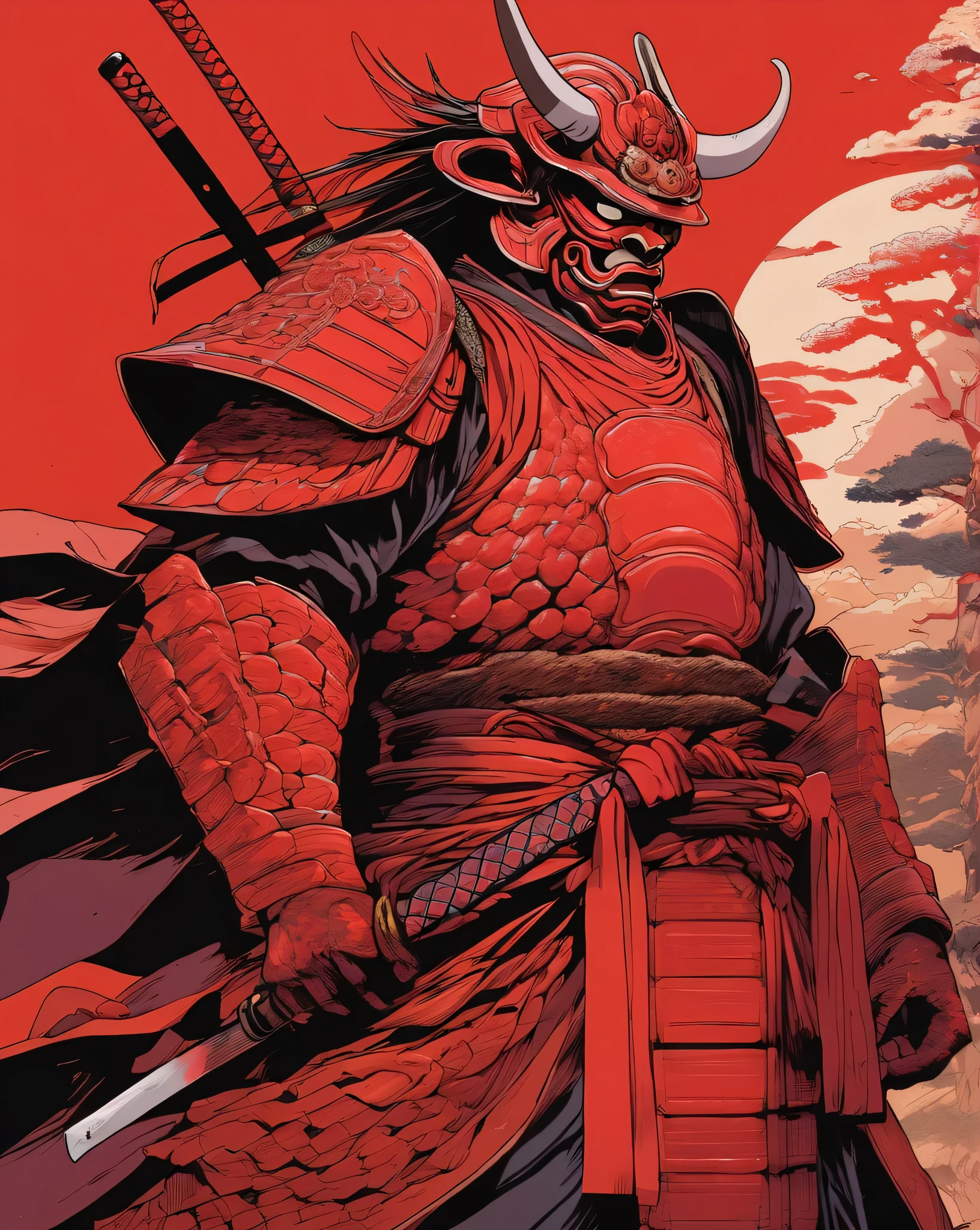 Samurai Yokai by Laurie Greasley and Takeshi Obata, The desire to achieve enlightenment, covered with red armor、nirvana, red and brown, Oil Paint, be familiar with, realistic, 8k uh, high quality、highest amount of information、masterpiece、Detailed writing、