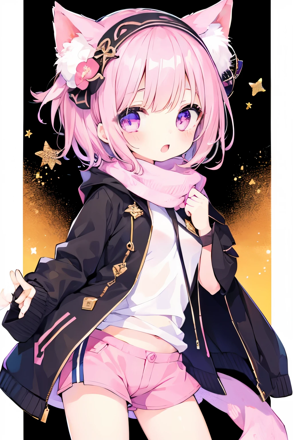 Very beautiful and shining eyes、shining eyes、((1 girl))、small breasts、big mouth、high school girl、small breasts、Cat ear、Transparent pink short hair、scarf、hot pants、transparent clothes、childish clothes、7 year old girl